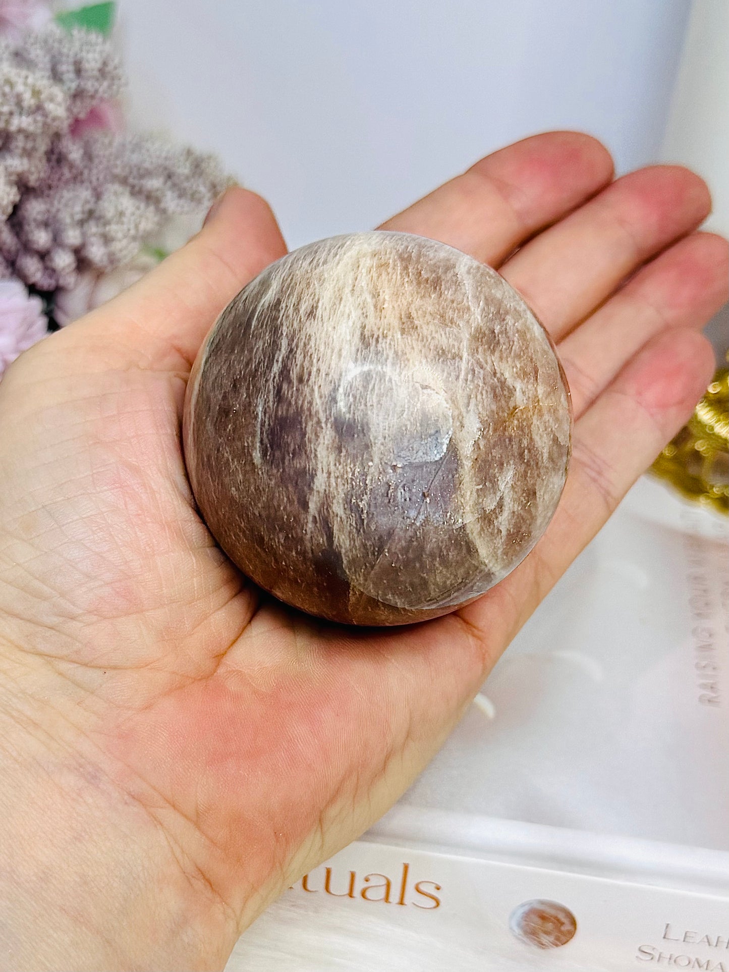 Shimmering Sunstone with Moonstone Sphere on Stand 250g