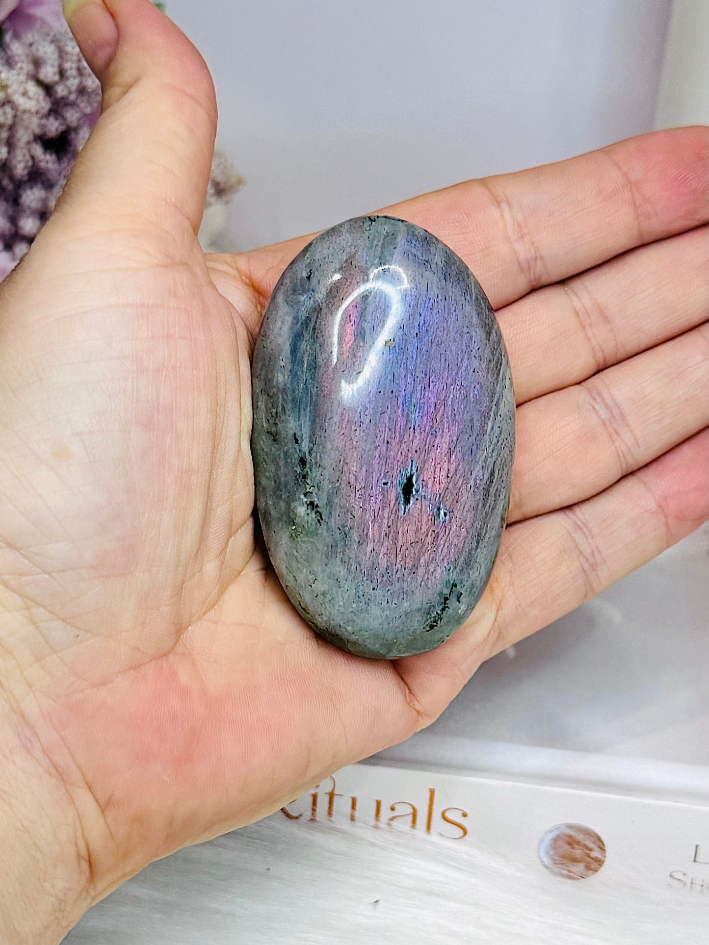 Large Labradorite Palm Stone with Pink & Purple Flash