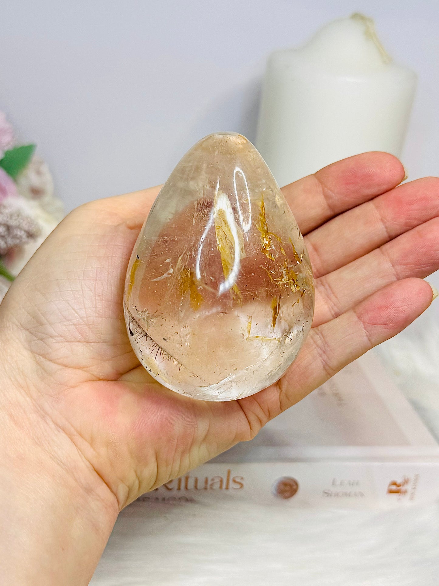Large Clear Quartz With Golden Healer Inclusions Egg On Stand 7cm 318g