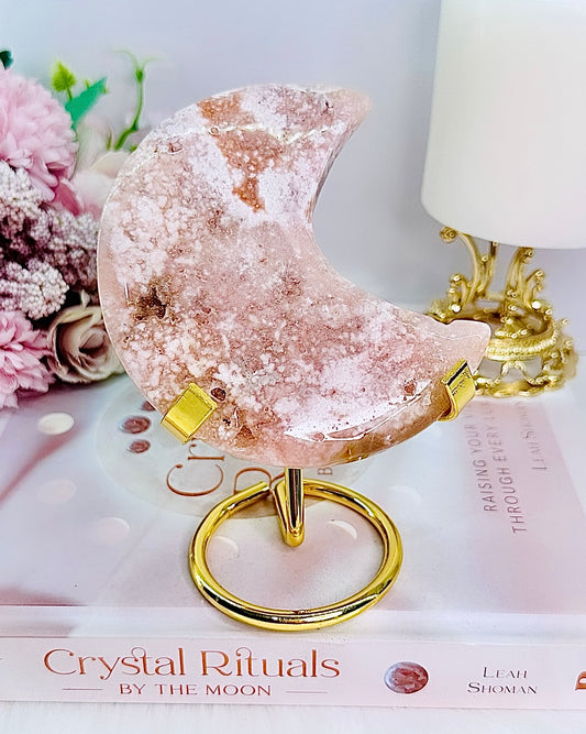 Classy & Fabulous Druzy Pink Amethyst Moon On Gold Stand 14cm