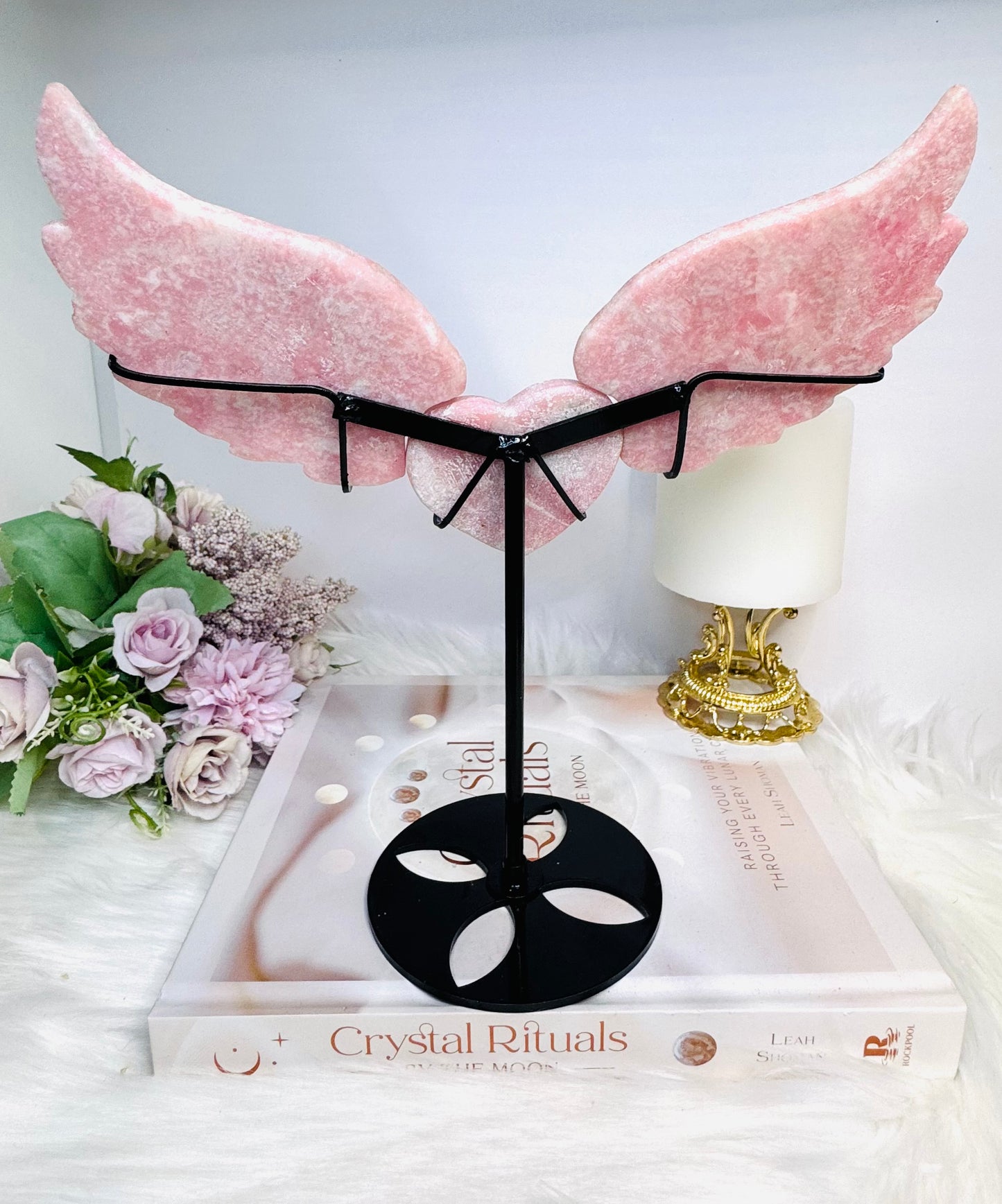 Large Pink Opal Heart with Angel Wings on Stand 23.5cm