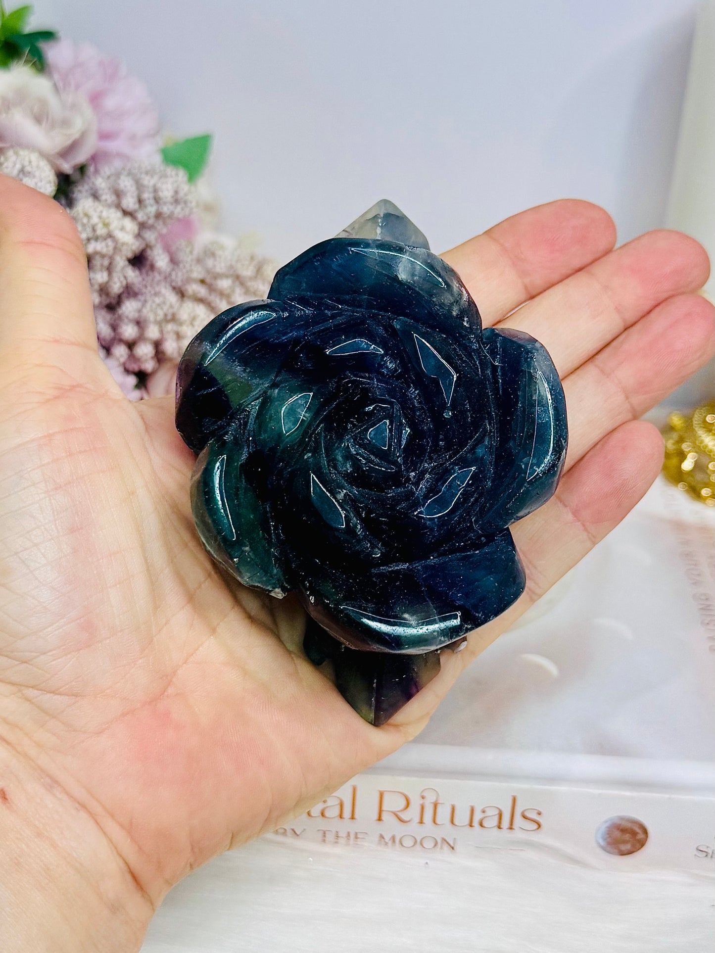Fluorite Carved Flower On Stand 10cm 315g