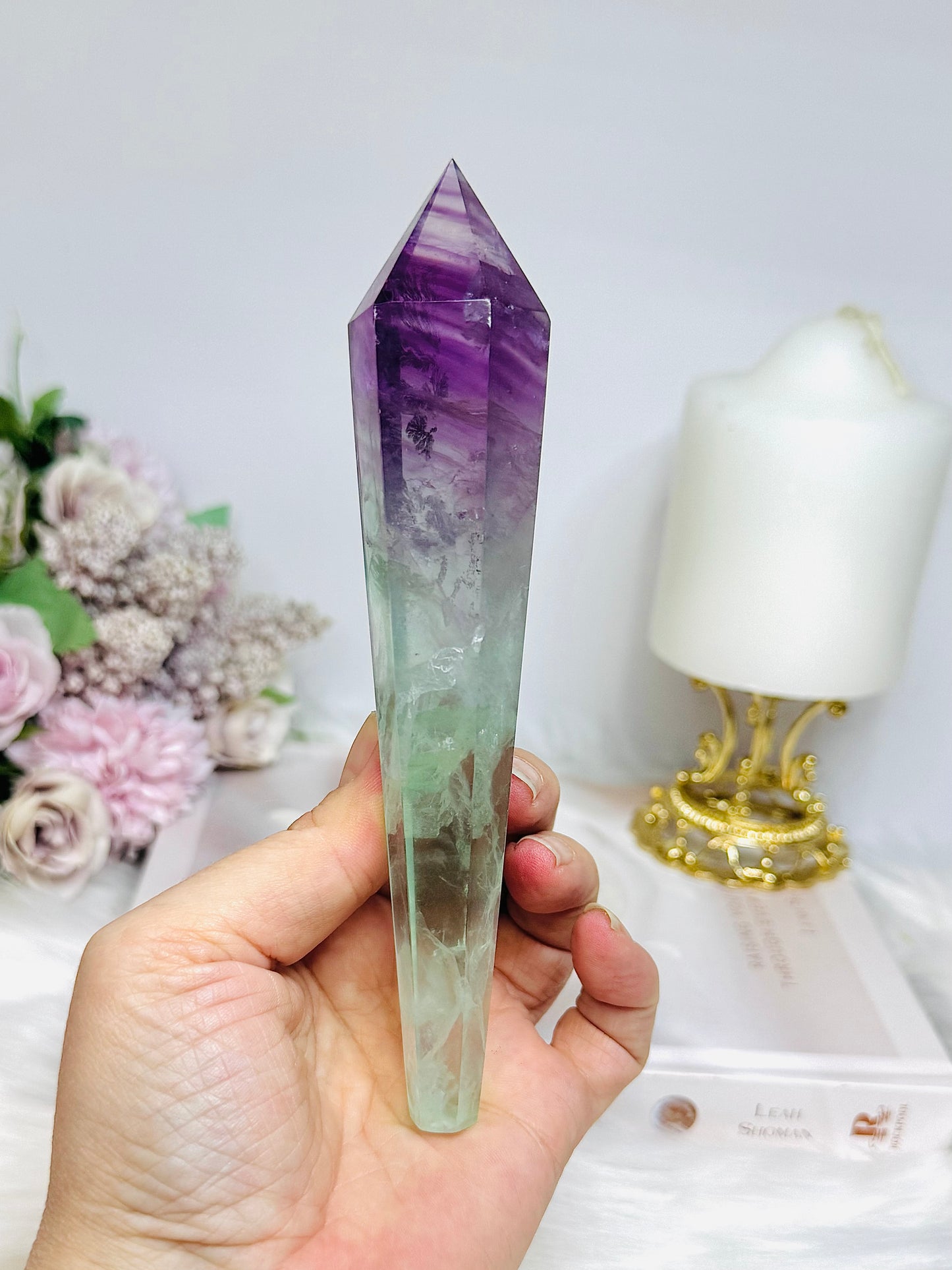 Watermelon Fluorite Tower | Wand with Rainbows 15.5cm