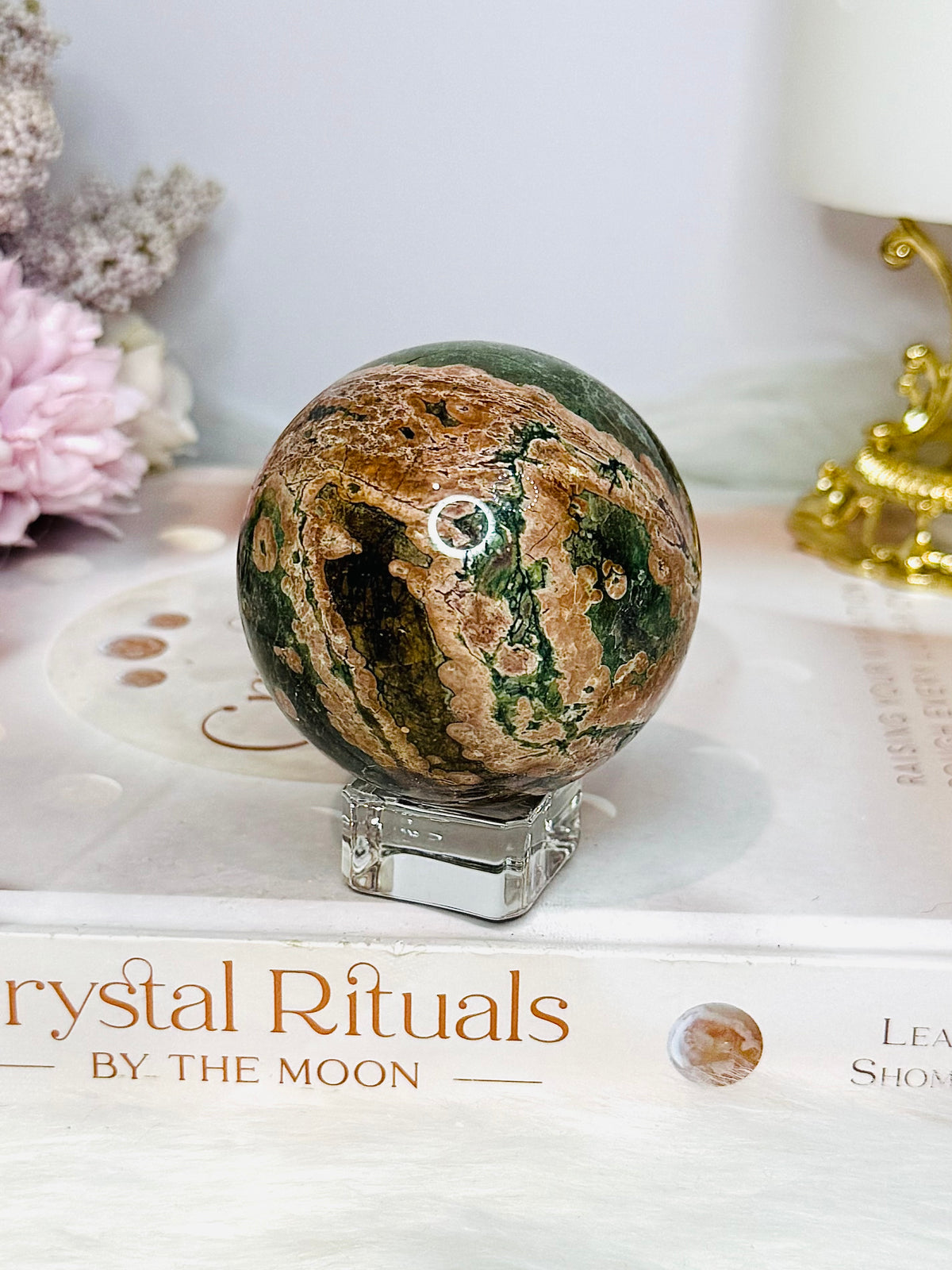 High Grade Green Sakura Flower Agate Sphere on Stand 231g