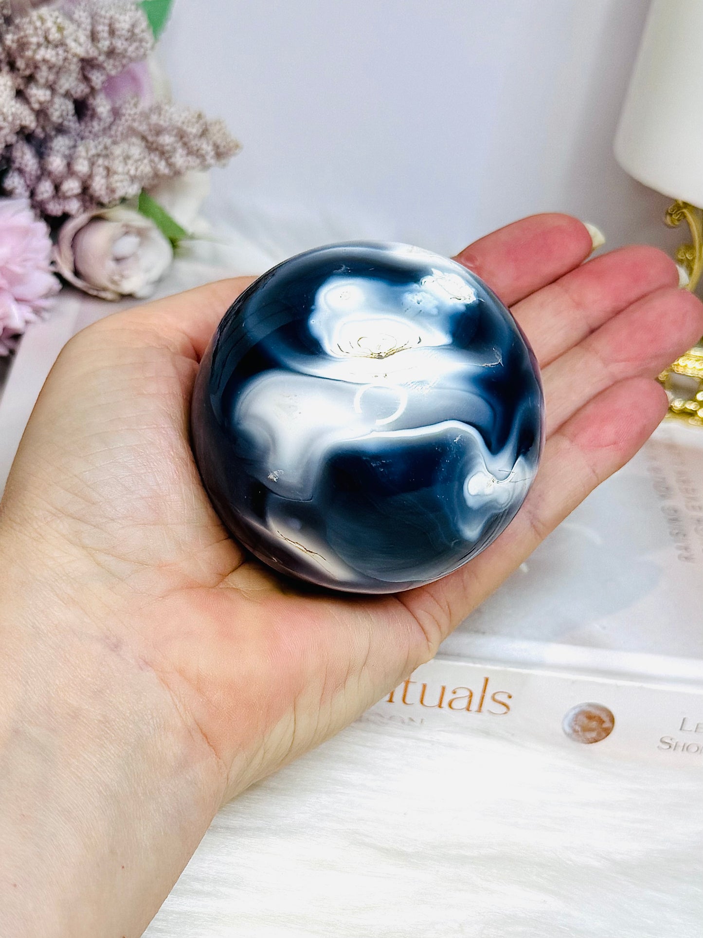 Large Orca Agate Sphere on Stand 379g