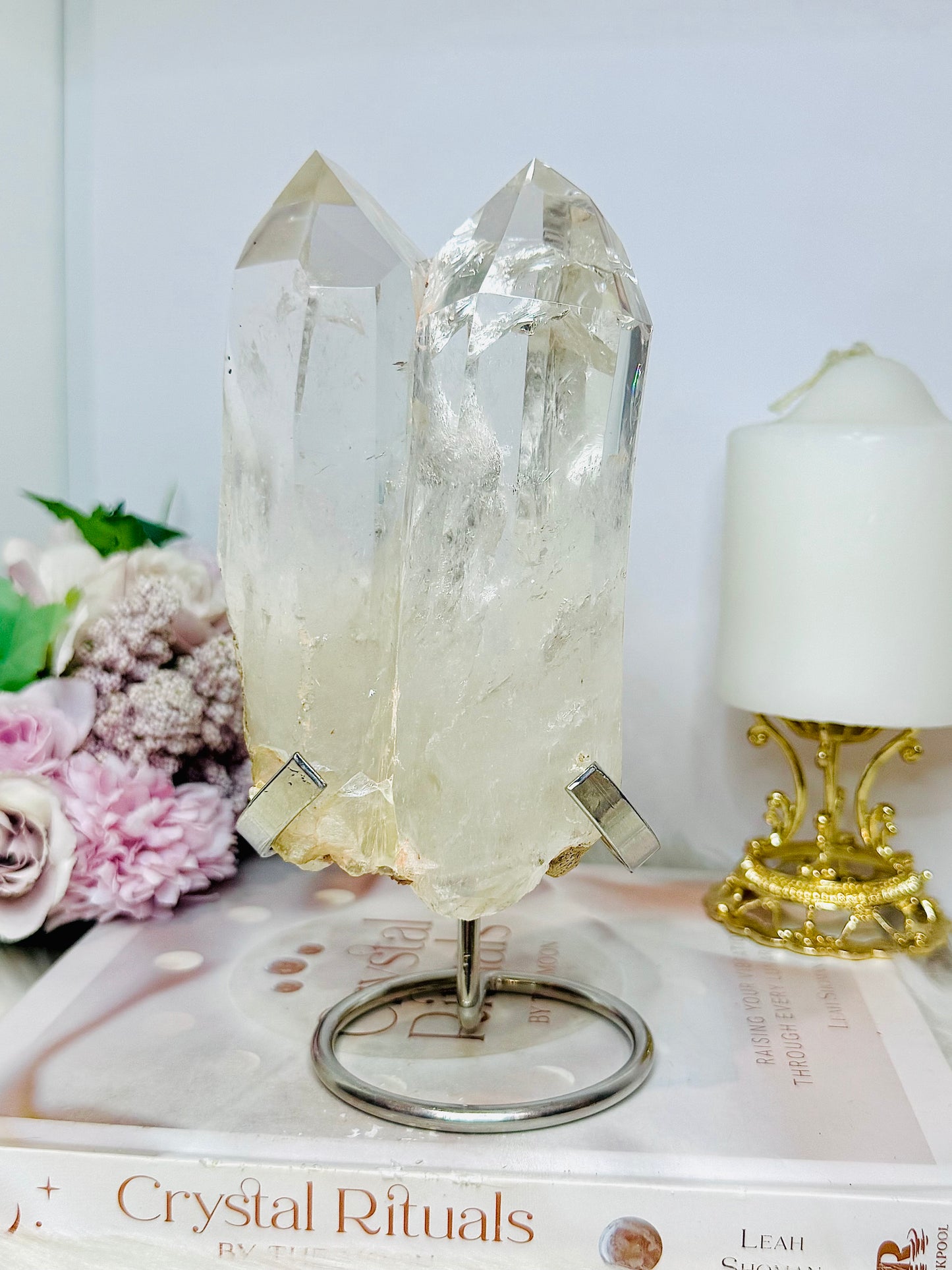 High Grade Clear Quartz Twin | Double Tower with Rainbows on Stand 18cm (on stand) 900g