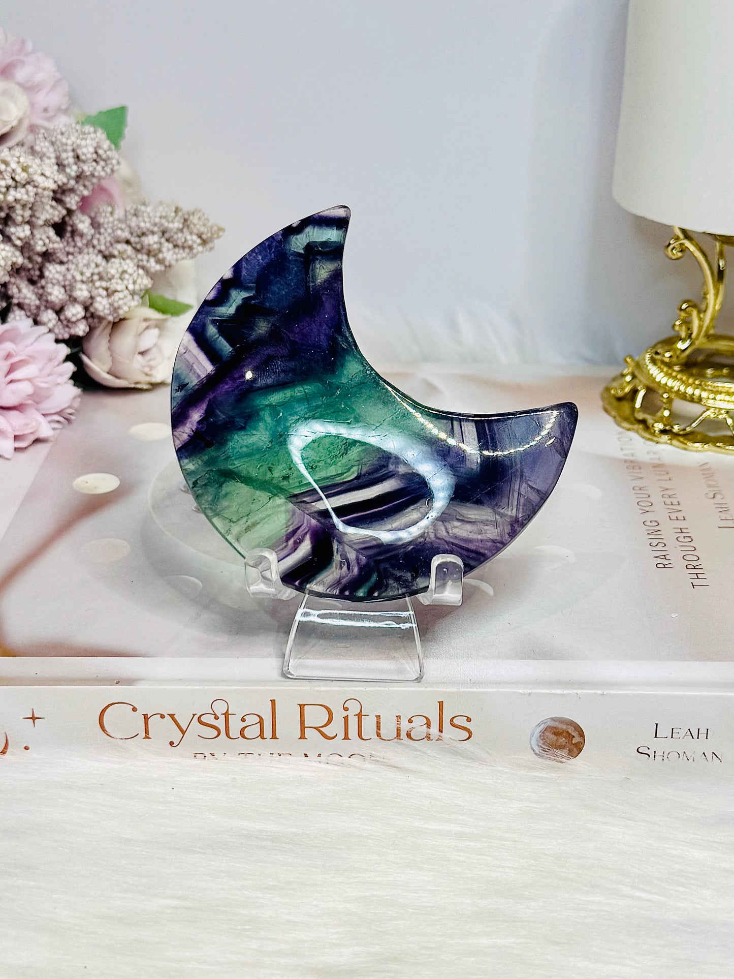 High Grade Rainbow Fluorite Moon On Stand 8.5cm
