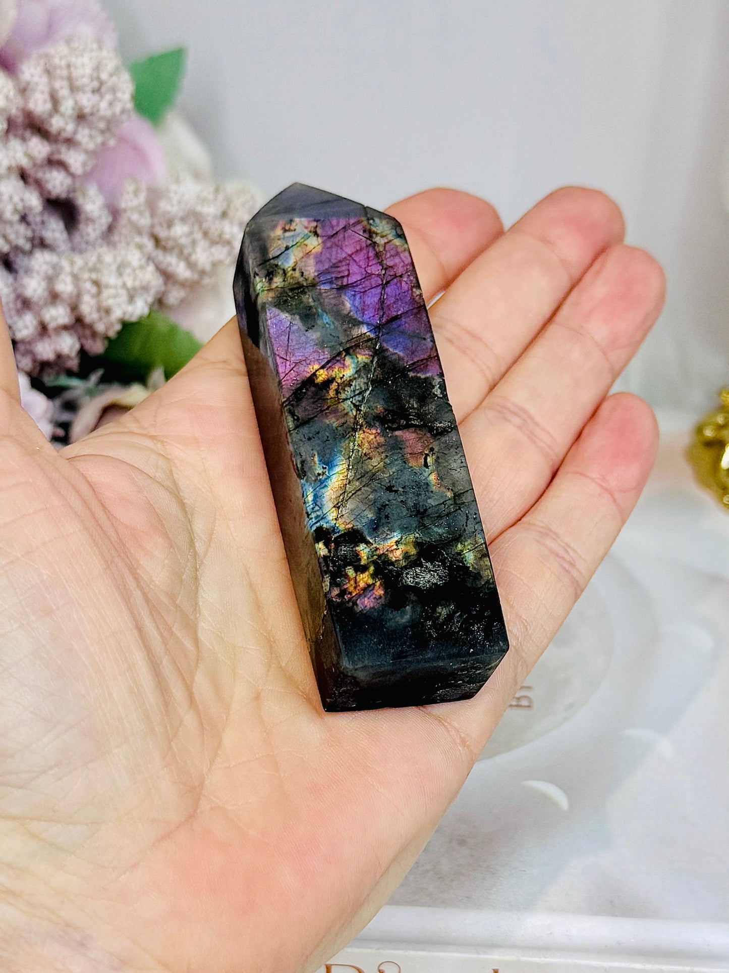 High Grade Labradorite Tower with Purple Flash 9cm (natural line in stone)