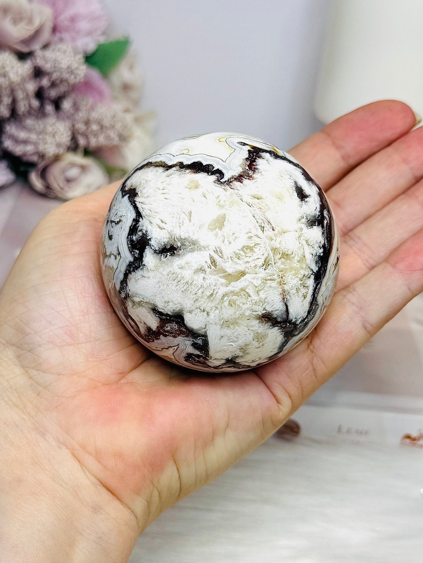 Mexican Lace Agate Druzy Sphere on Stand 331g
