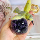 High Grade Deep Purple Amethyst Base Cut Cluster with Jade Carved Hummingbird 13cm