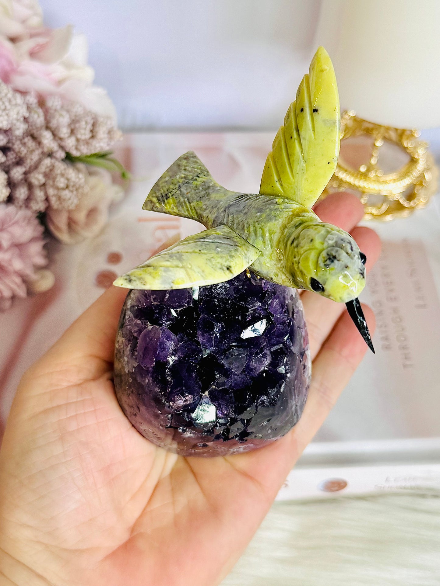 High Grade Deep Purple Amethyst Base Cut Cluster with Jade Carved Hummingbird 13cm