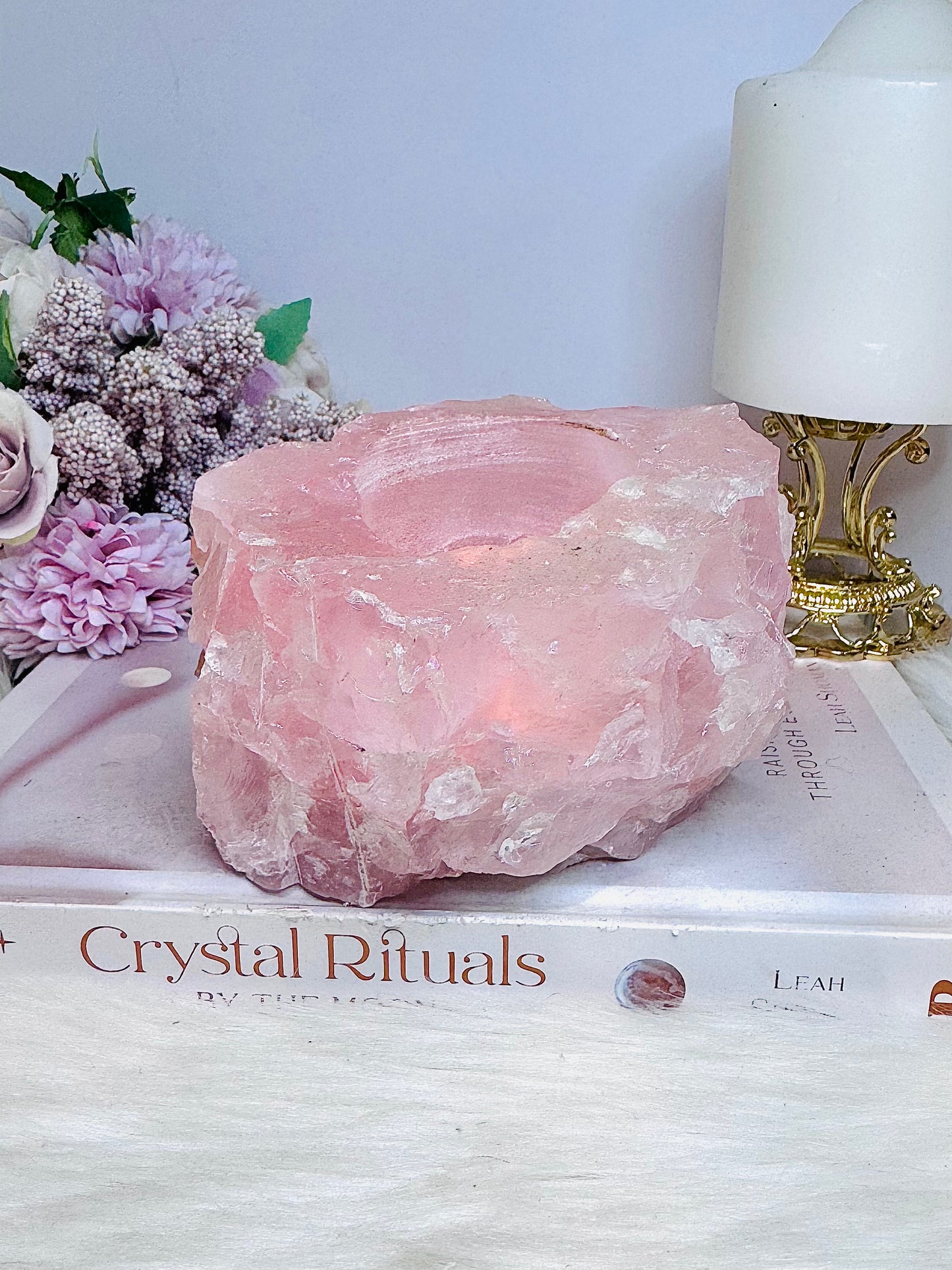Large Chunky Rose Quartz Candle Holder 892g
