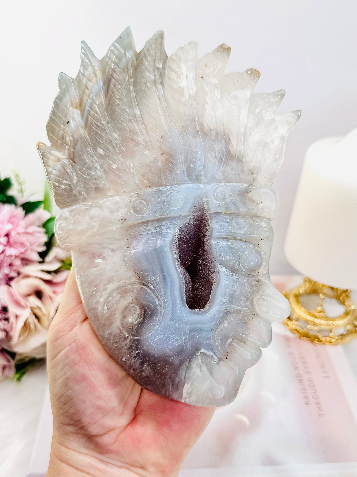 Wow!!! Spectacular Piece! Absolutely Amazing Large 18cm (On Silver Stand) Chunky Druzy Agate Indian Head On Stand ~ Carved To Perfection