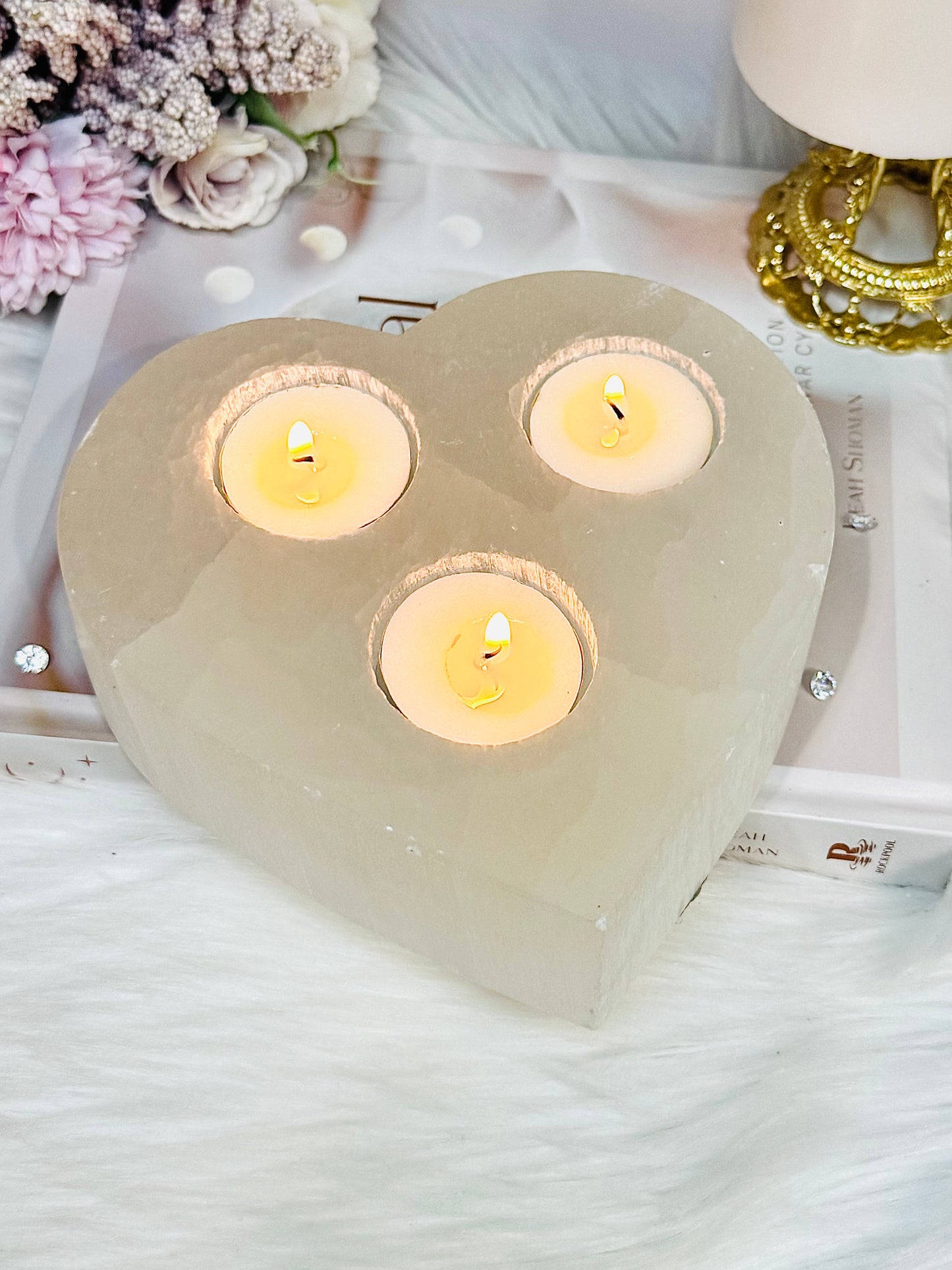 Large Selenite Chunky Triple Candle Heart Holder 1.5KG 15cm