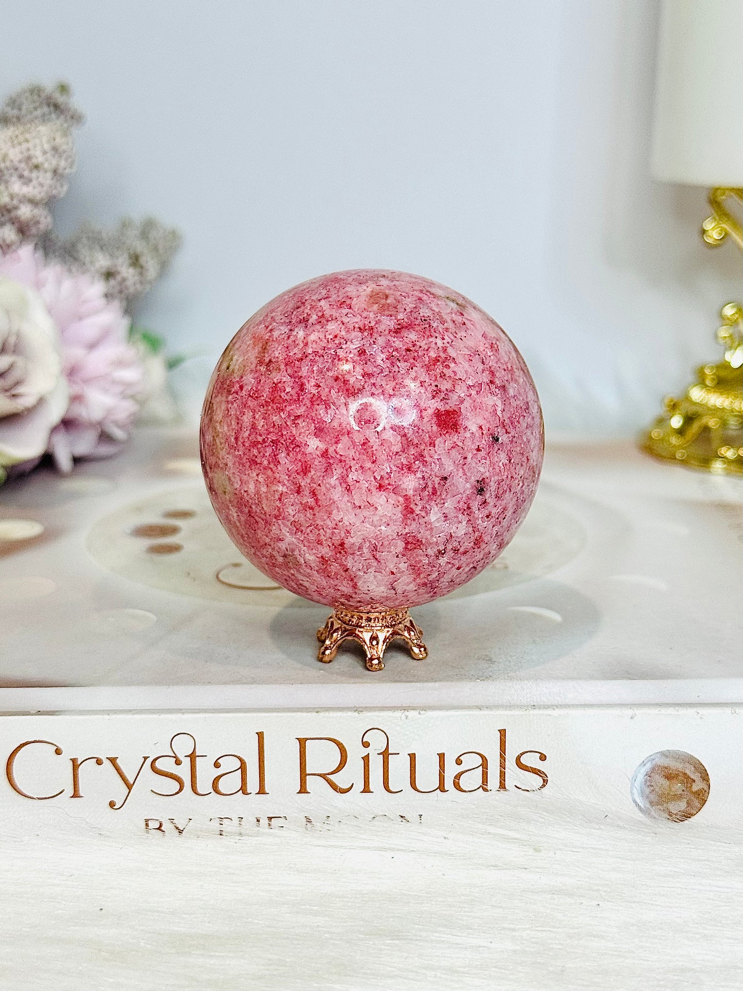 Thulite Sphere with Epidote 207g On Stand