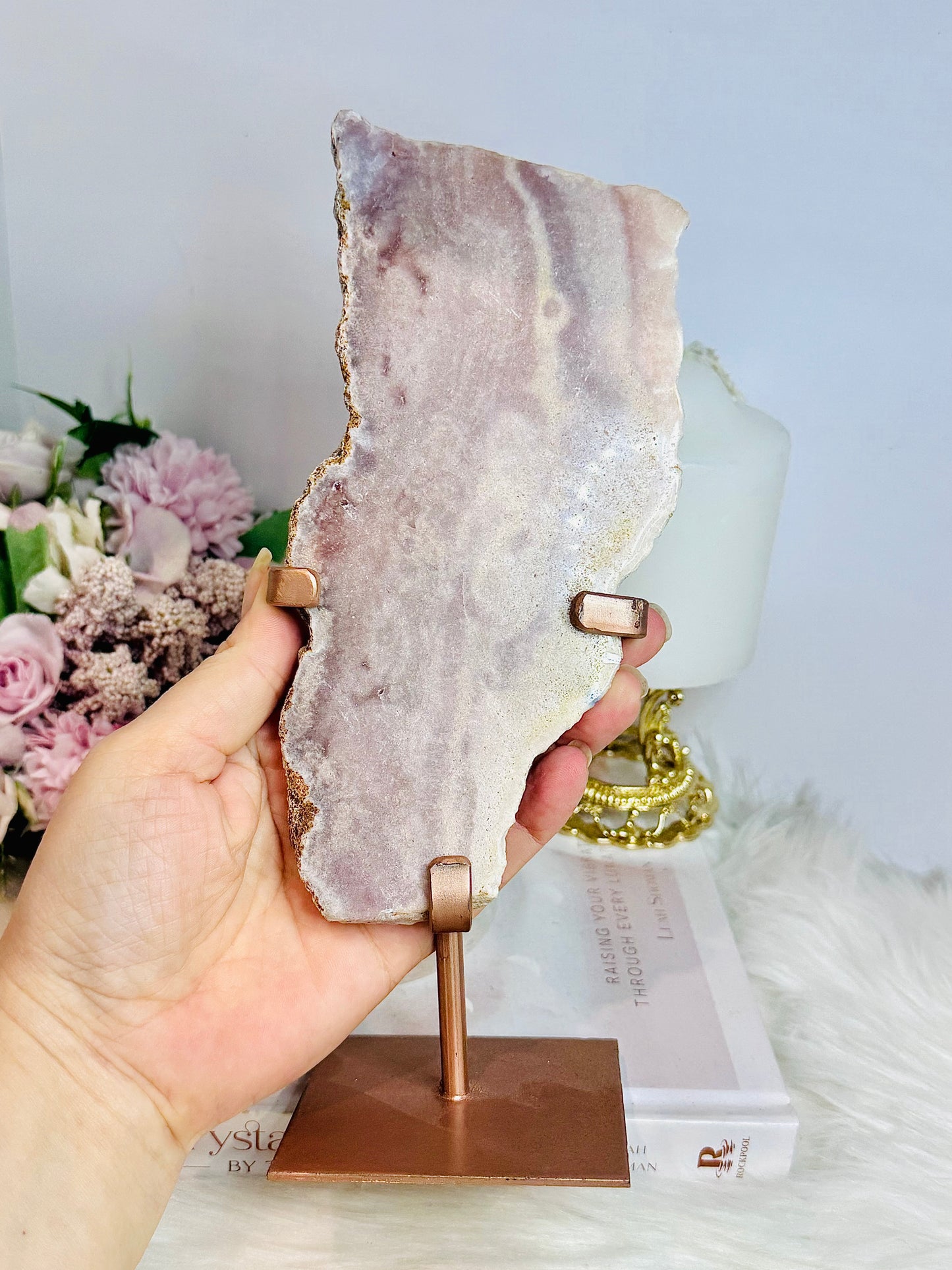 Large Pink Amethyst Natural Slab On Rose Gold Stand 23cm