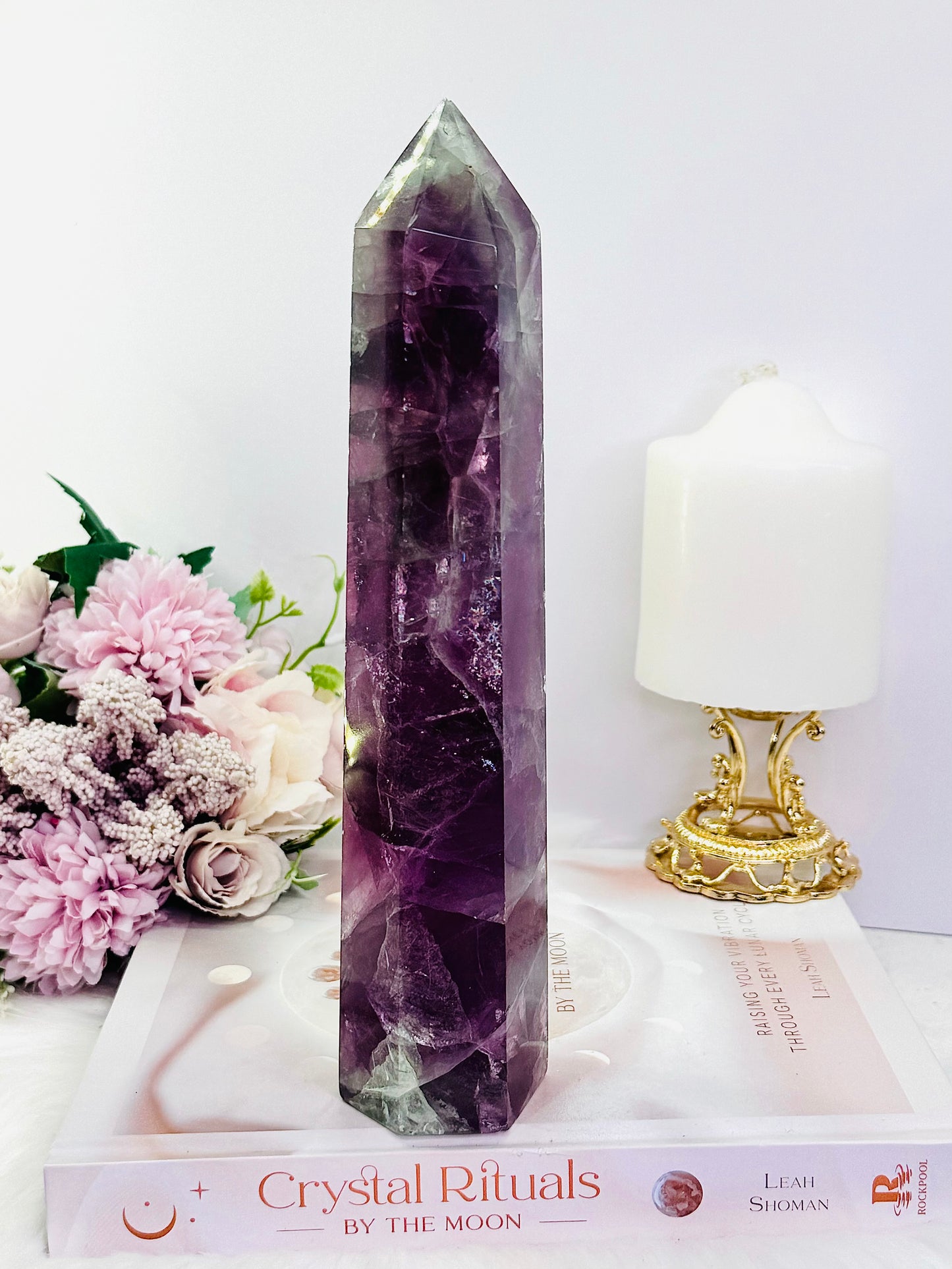 Fabulous Tall 23.5cm 968gram Purple Fluorite Tower with Rainbows