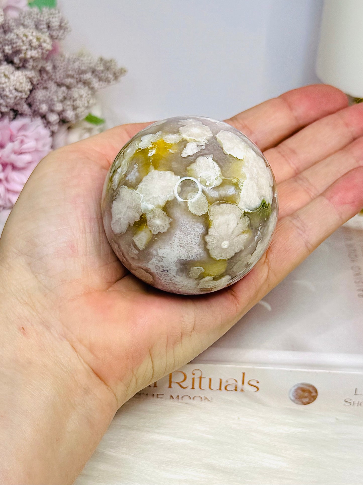 Flower Agate X Amethyst Sphere on Stand 280g