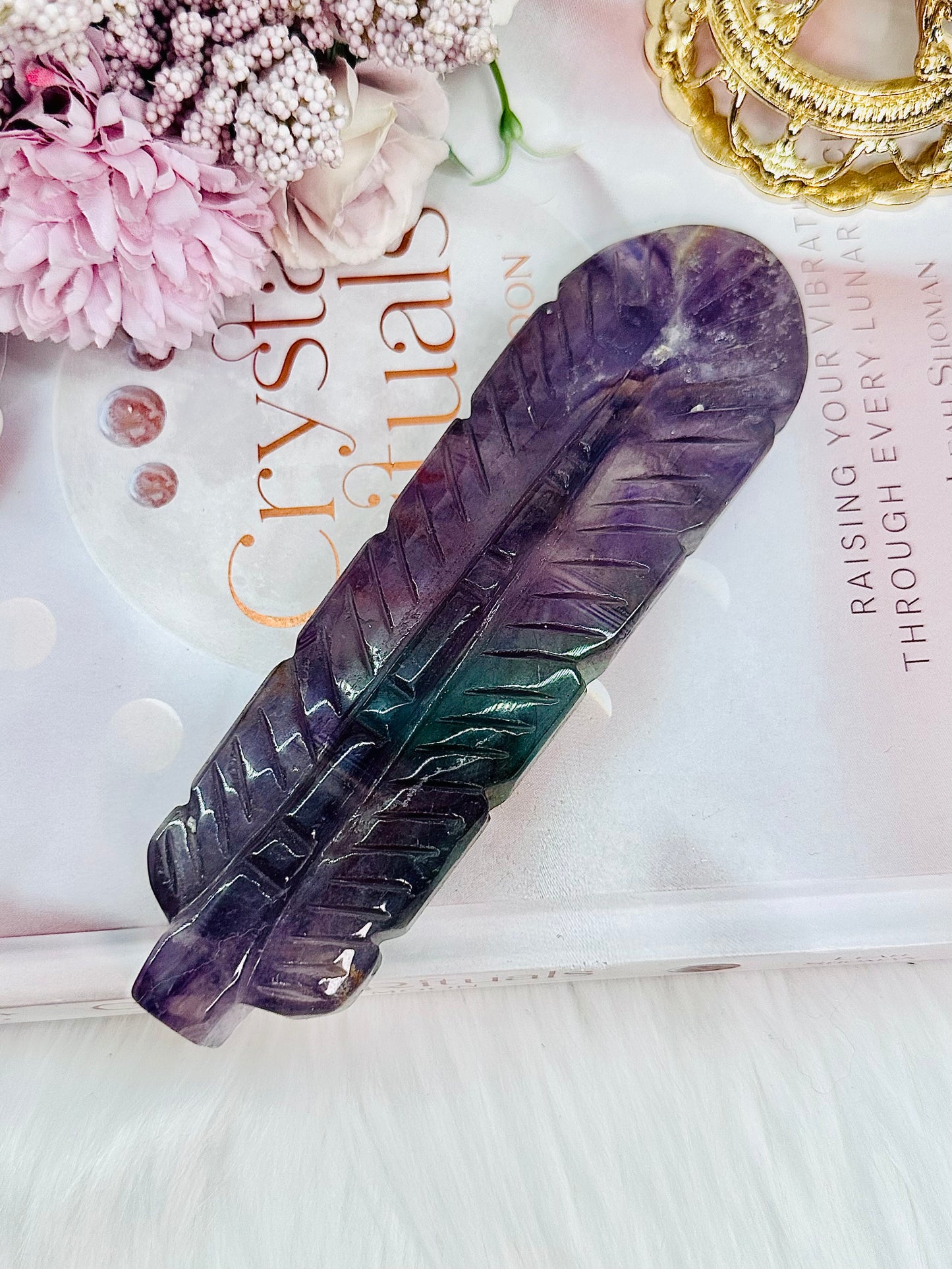 Absolutely Incredible Large 15.5cm Fluorite Carved Feather with Rainbows ~ Just Gorgeous