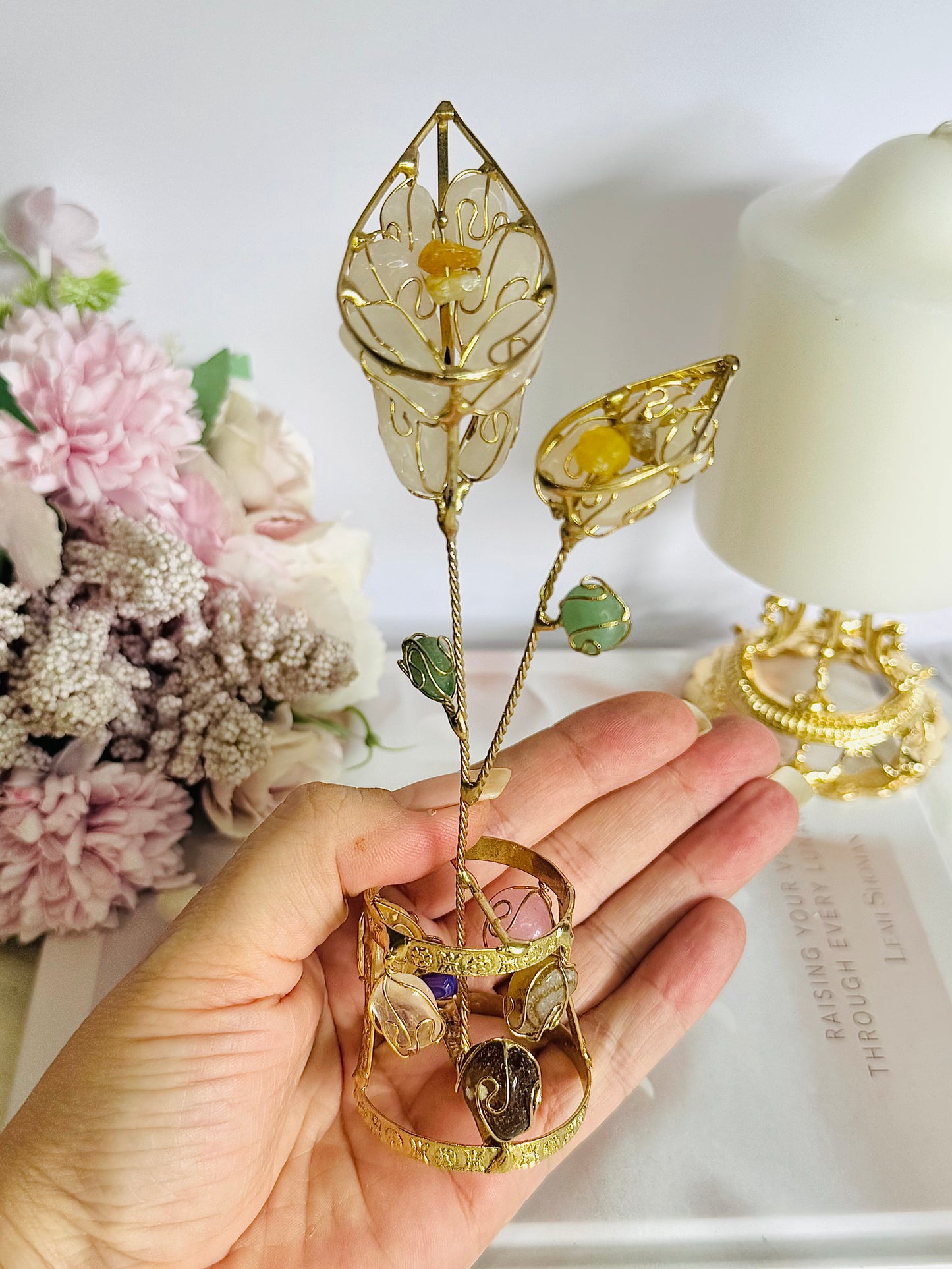 Beautiful 17cm Tall Gold Wired Rose Quartz Flower with Mixed Crystals