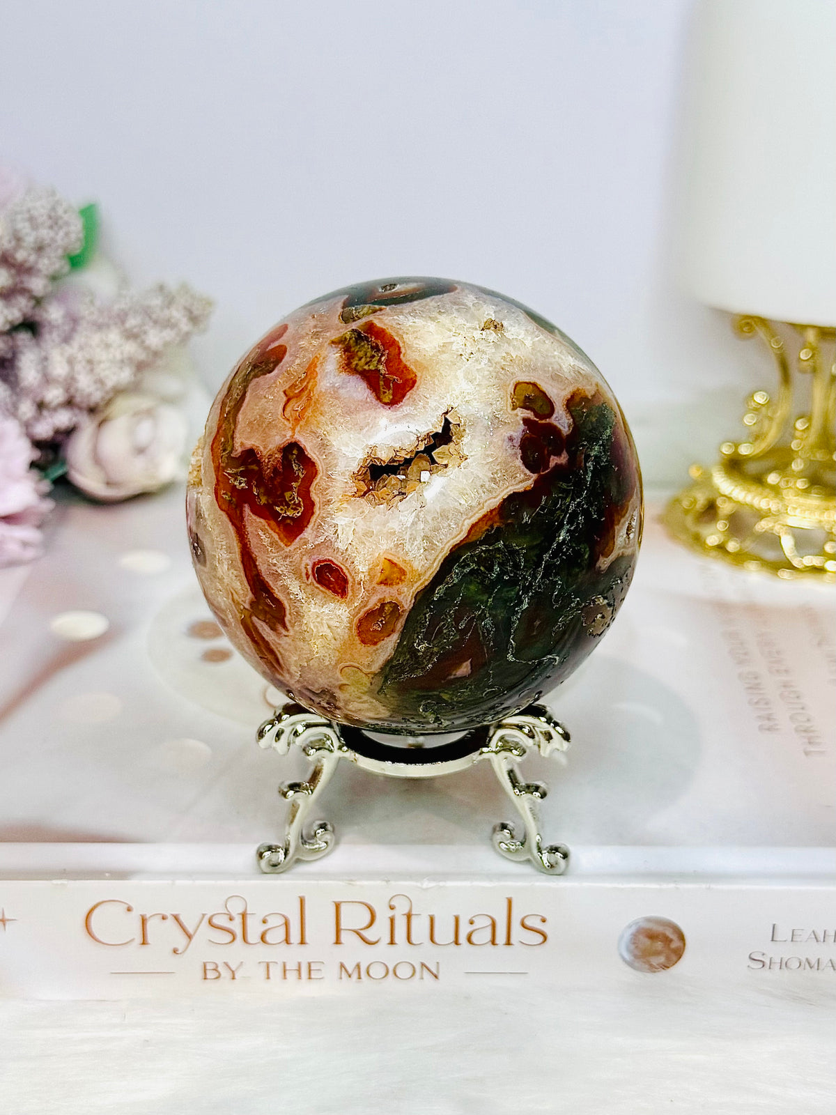 Large Druzy Red Moss Agate Sphere on Stand 510g