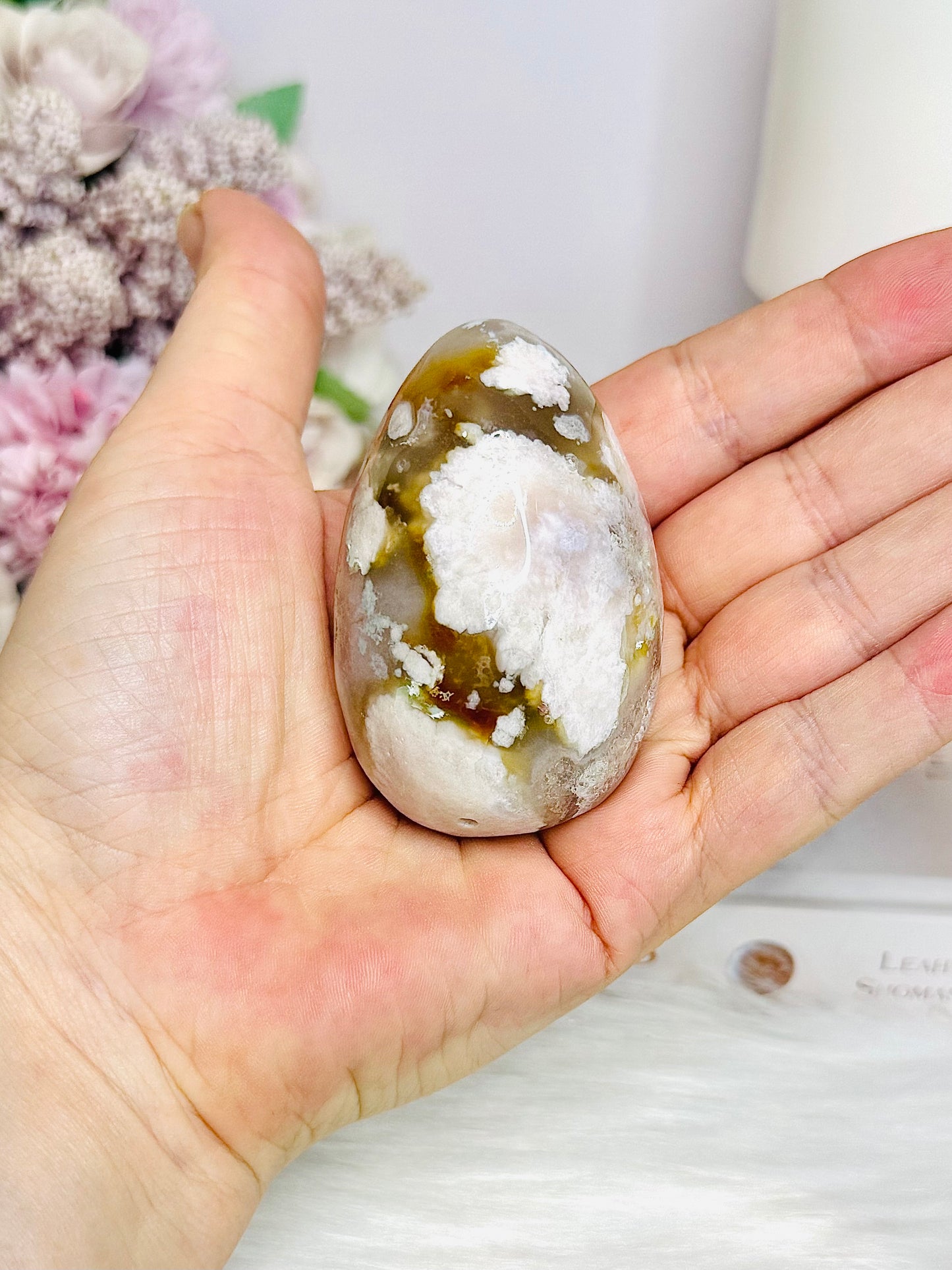 Flower Agate Druzy Egg on Stand 6.5cm
