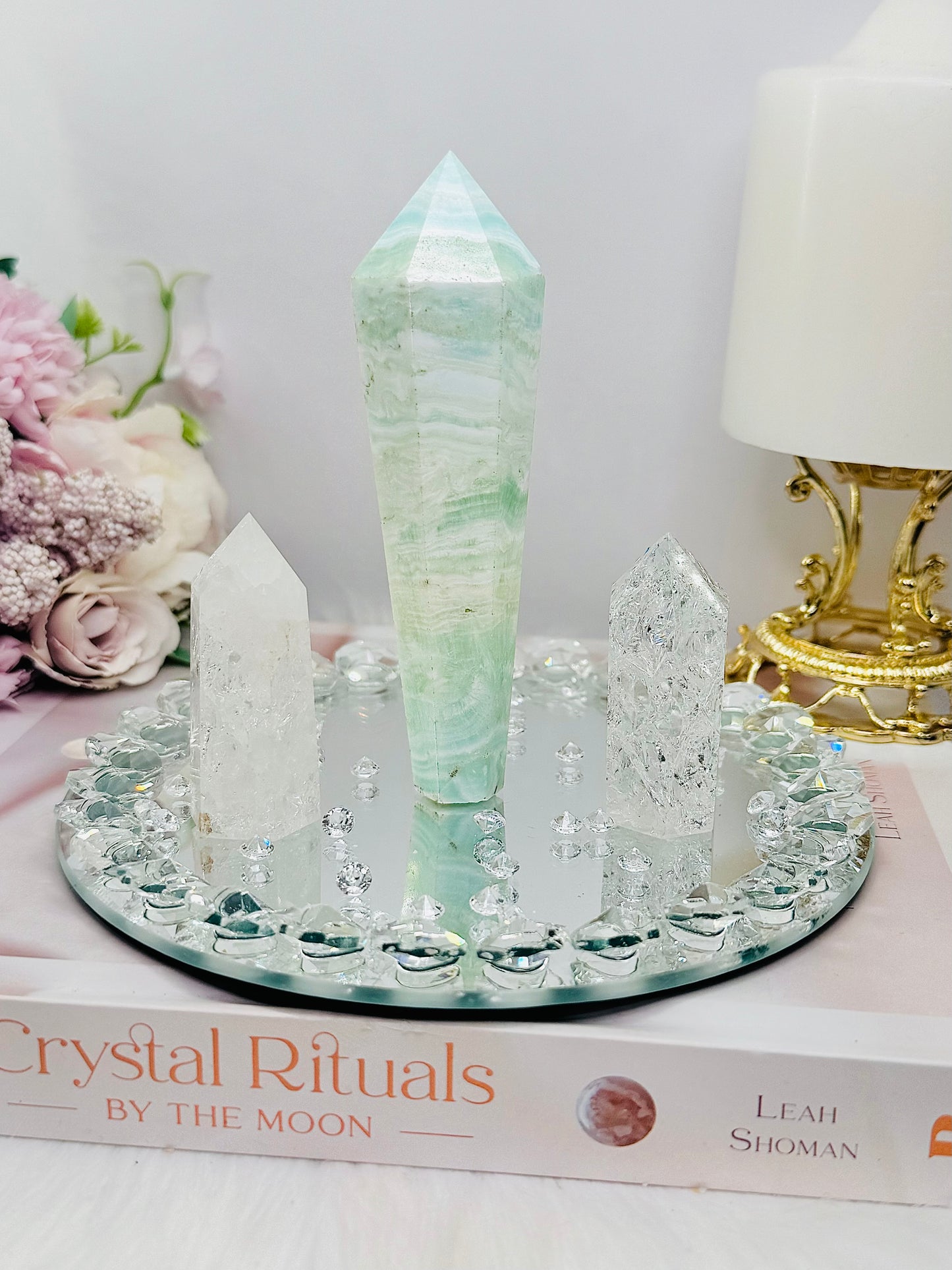 Gift Set Range ~ 15cm Diamanté Mirror with Set of Clear Quartz Crackle Towers & Caribbean Calcite Tower