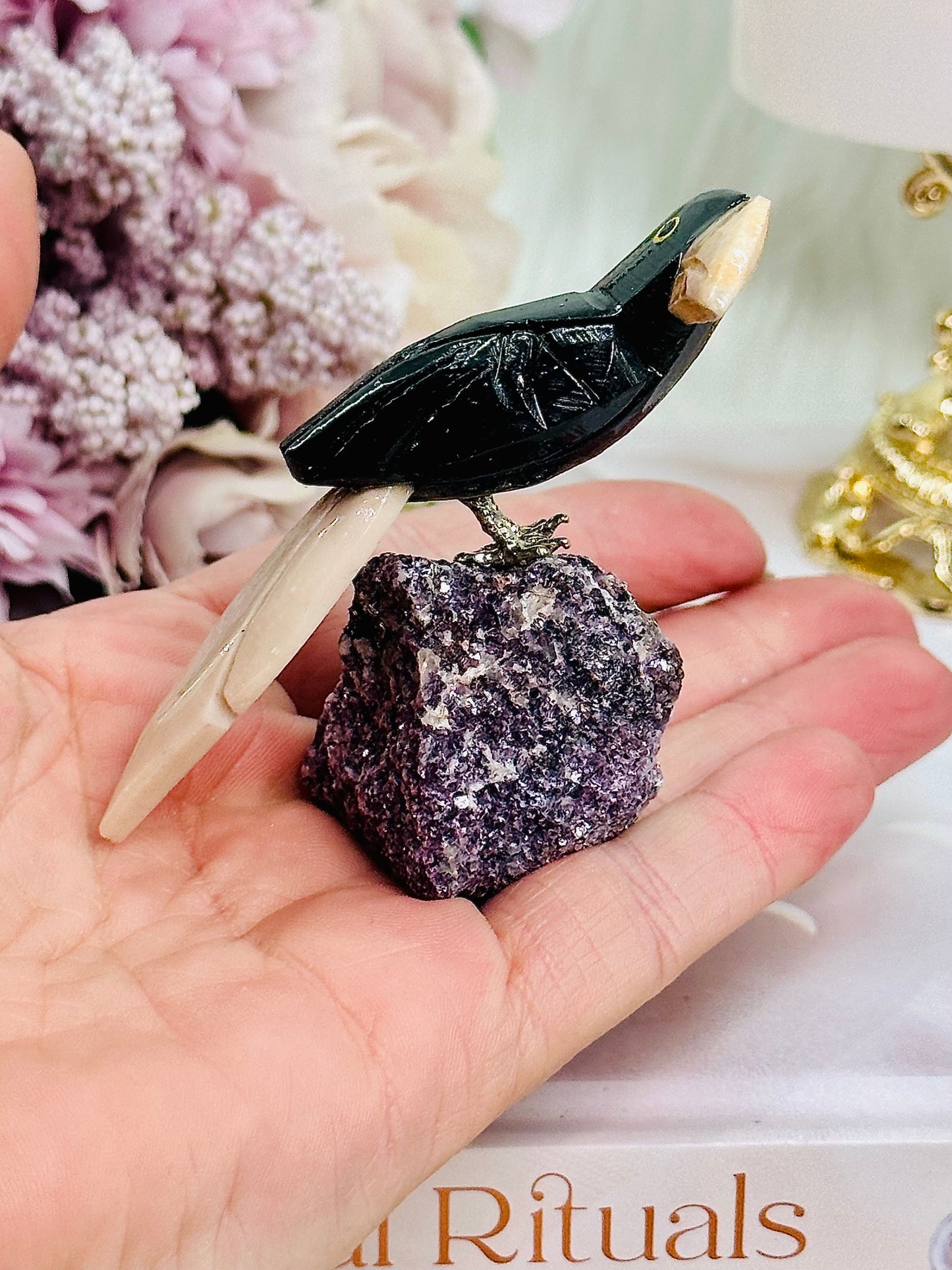 Gorgeous Jade Toucan | Bird Carving on Lepidolite Stand