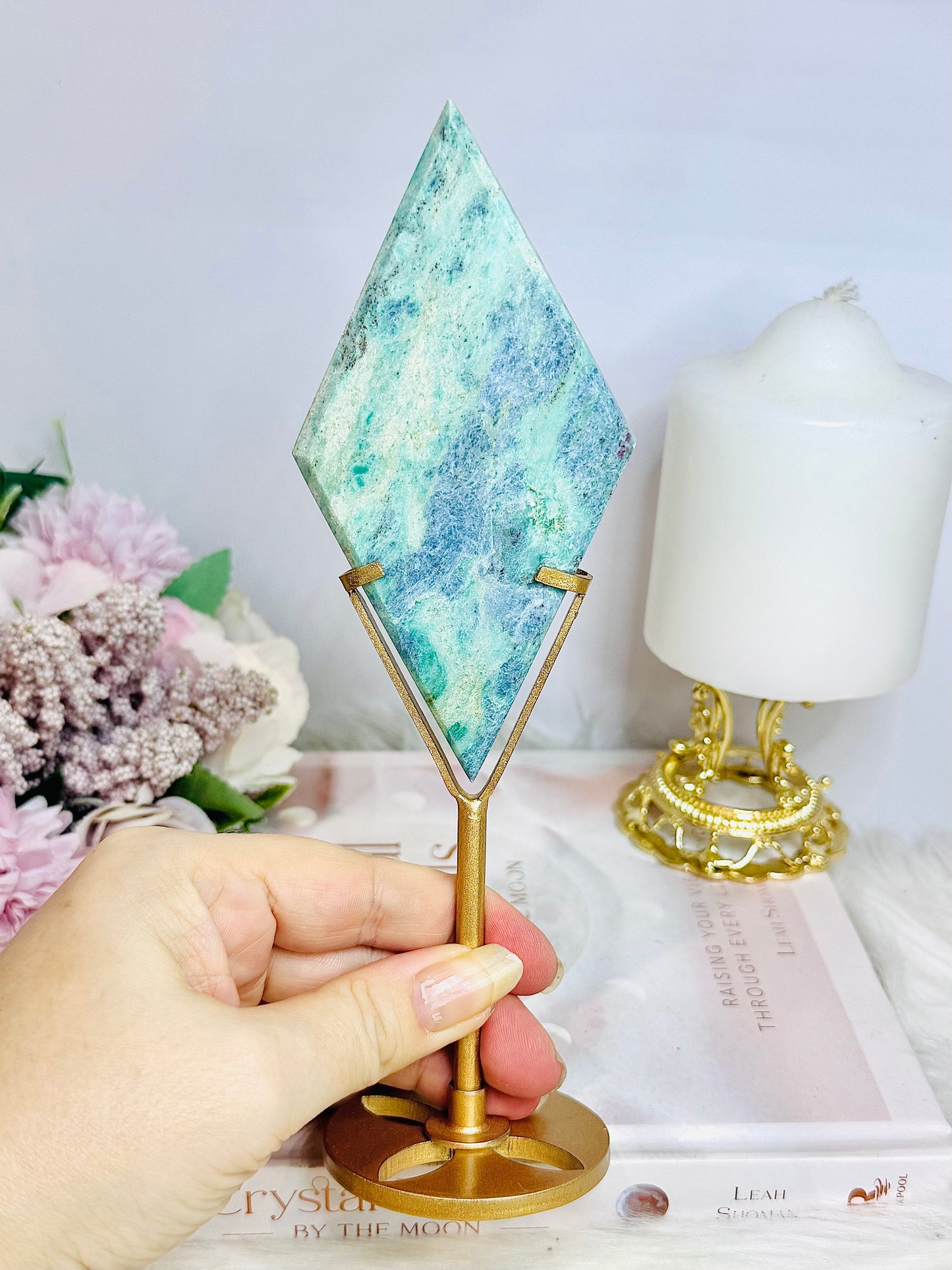 High Grad Ruby In Fuchsite Diamond (UV Reactive) on Gold Stand 20cm