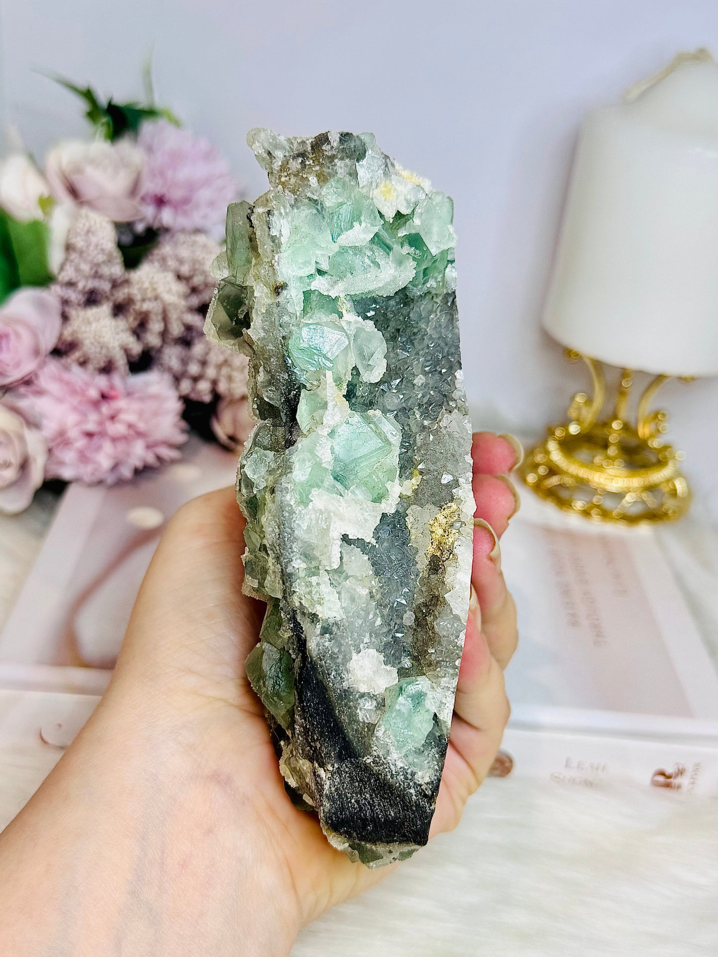 Large Green Cubed Fluorite Sugar Druzy Specimen on Matrix 15cm 777g
