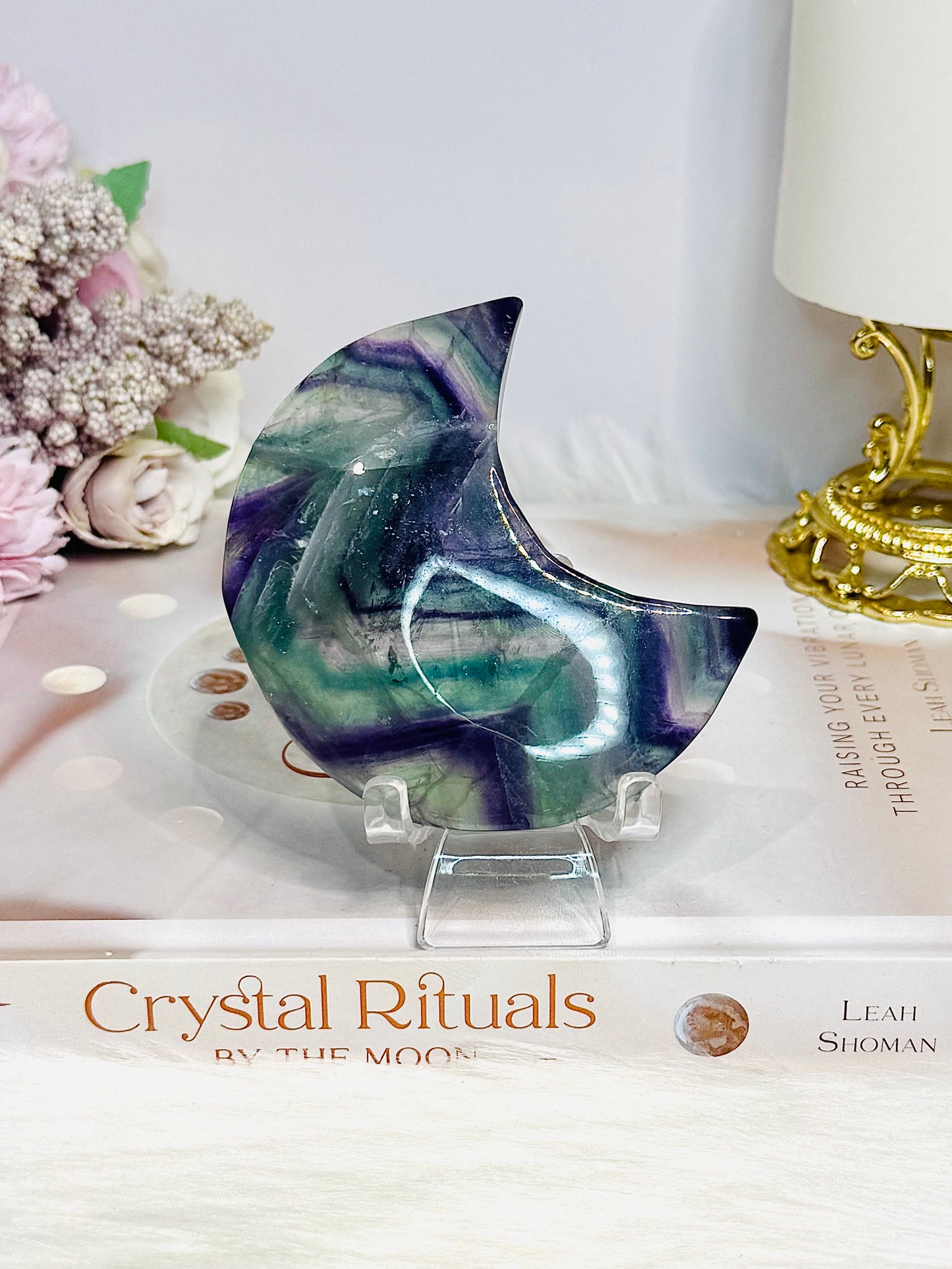 High Grade Rainbow Fluorite Moon On Stand 8cm
