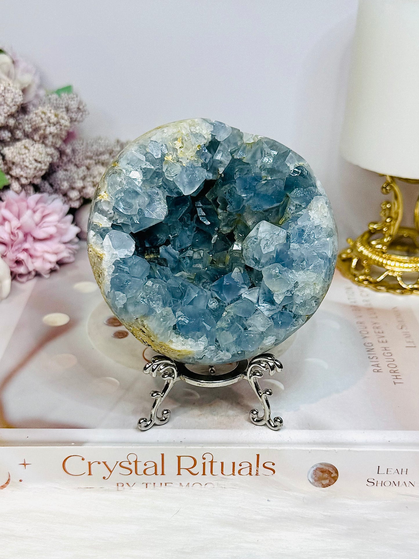 Large Blue Celestite Cluster on Stand 758g
