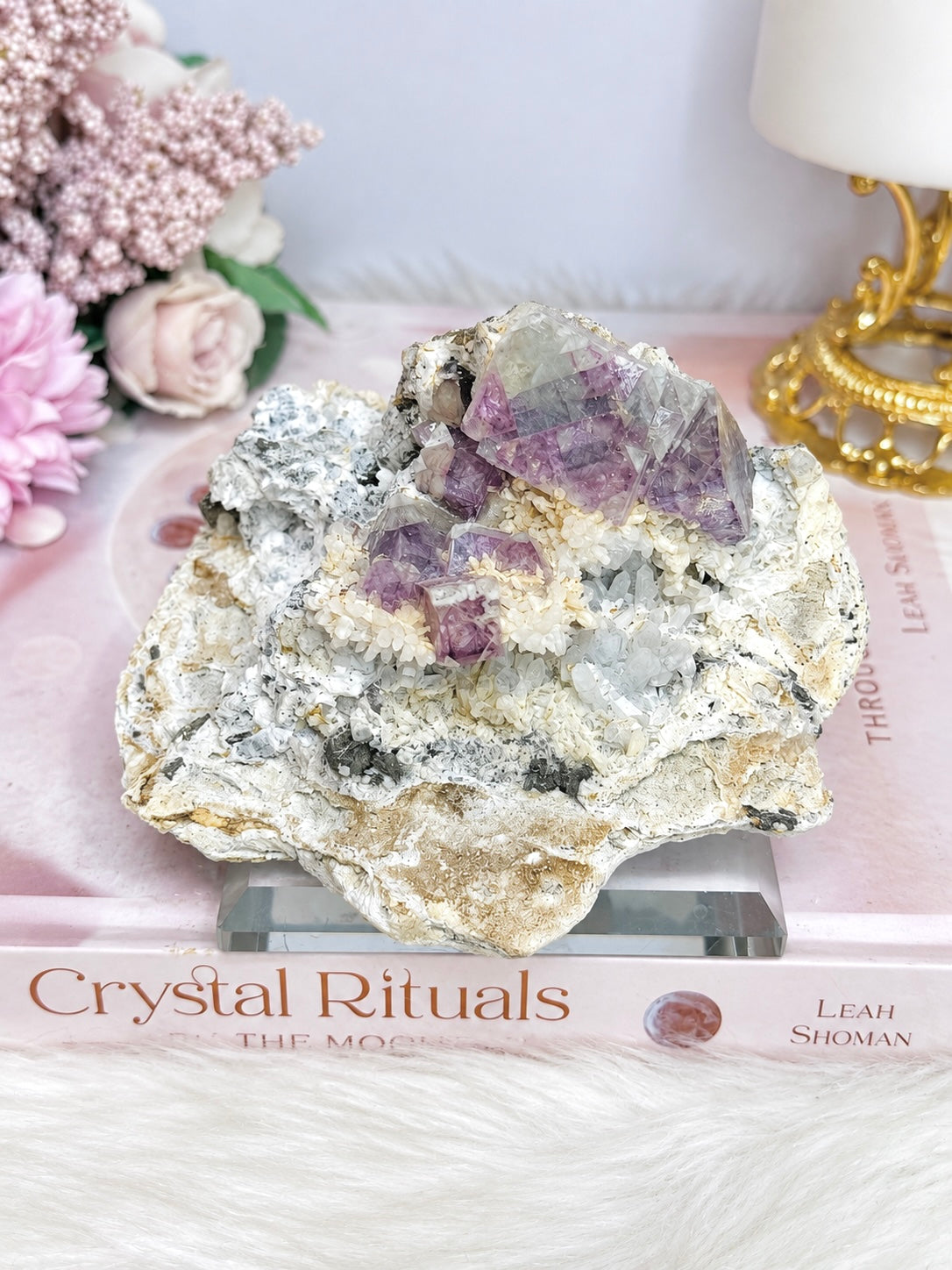 ✨ A Collectors Piece ✨ Natural Cubed Fluorite In Matrix On Glass Stand 703grams