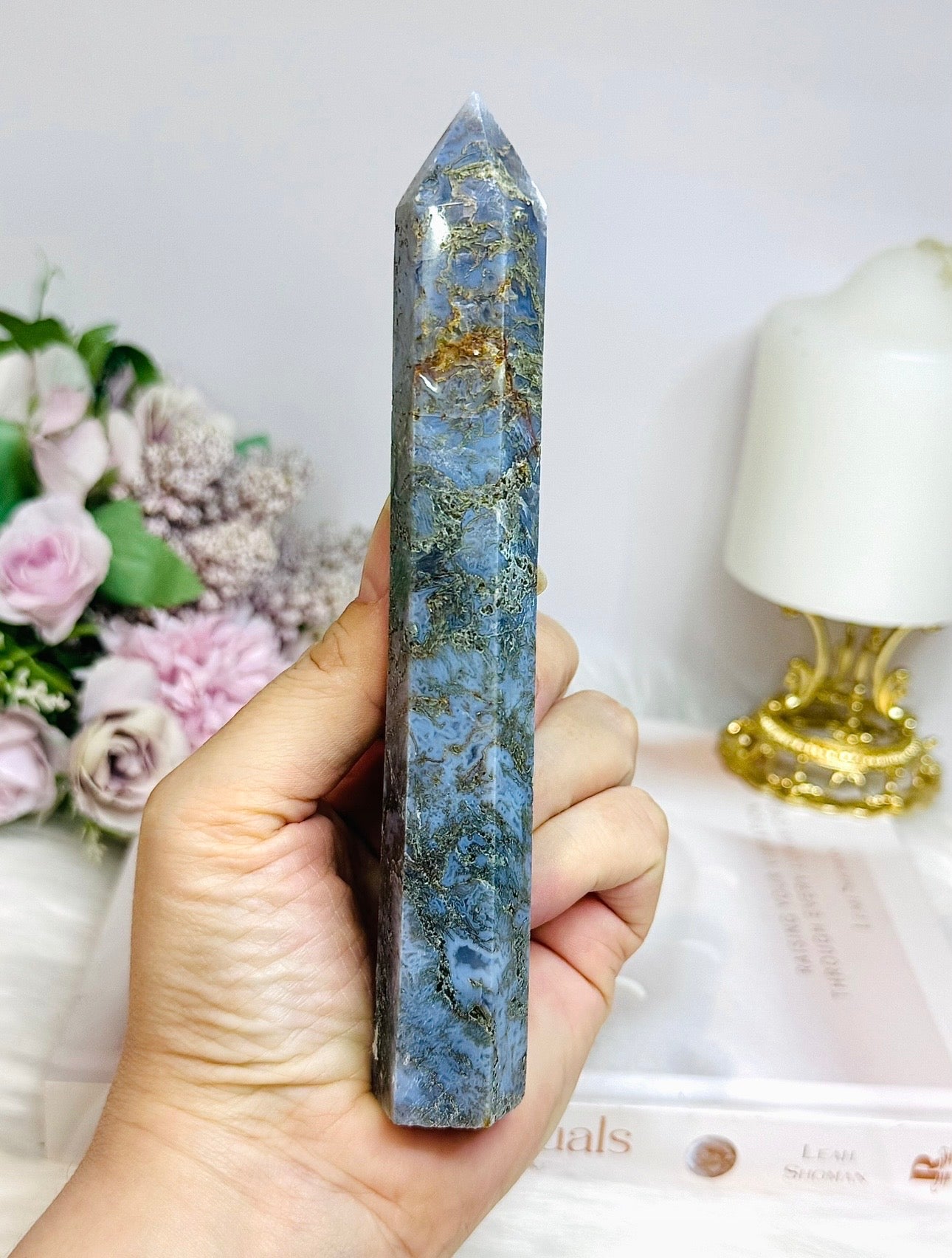 Blue Moss Agate Druzy Tower 17cm