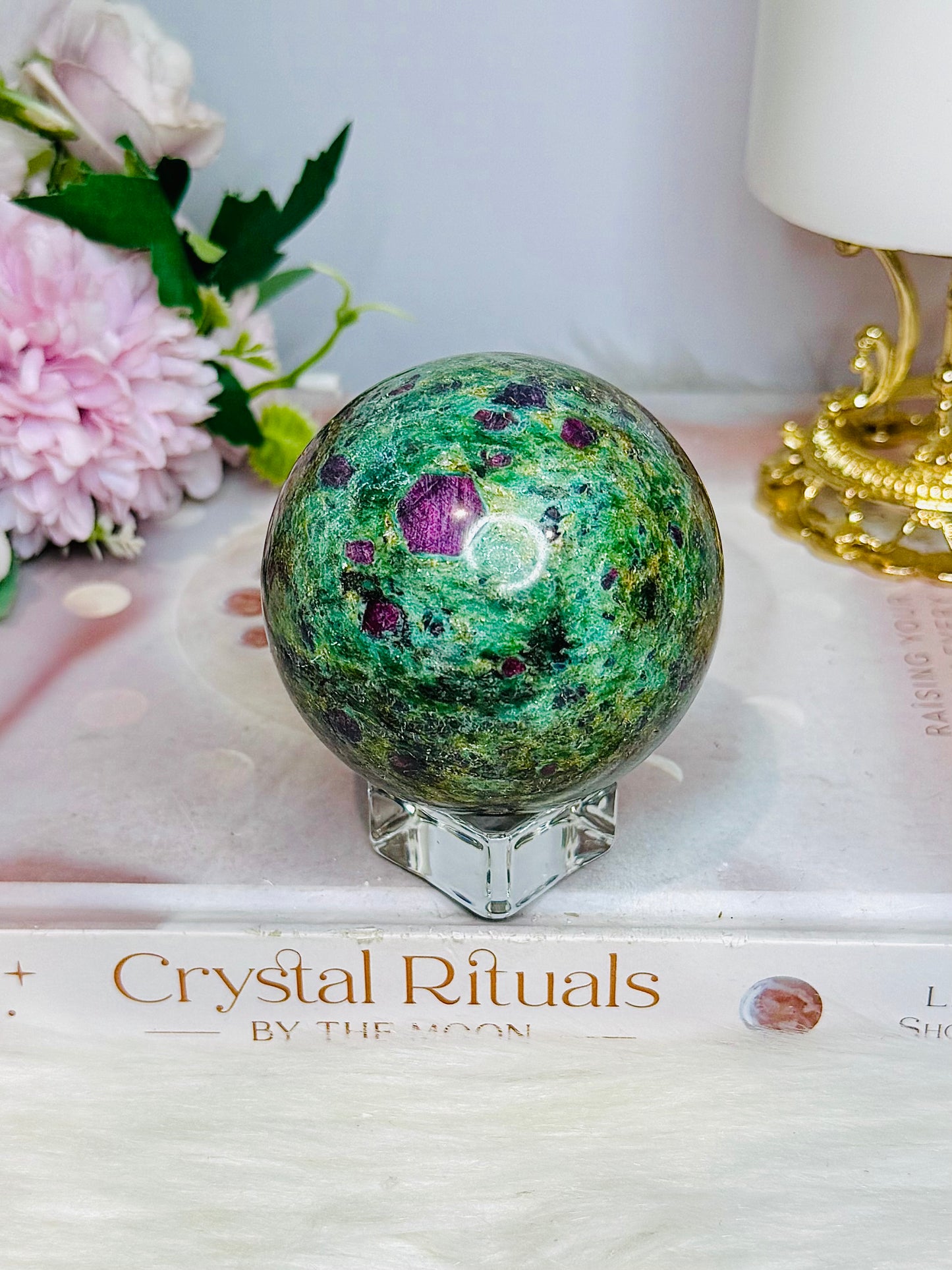 Large Ruby In Fuchsite Sphere UV Reactive On Stand 399g