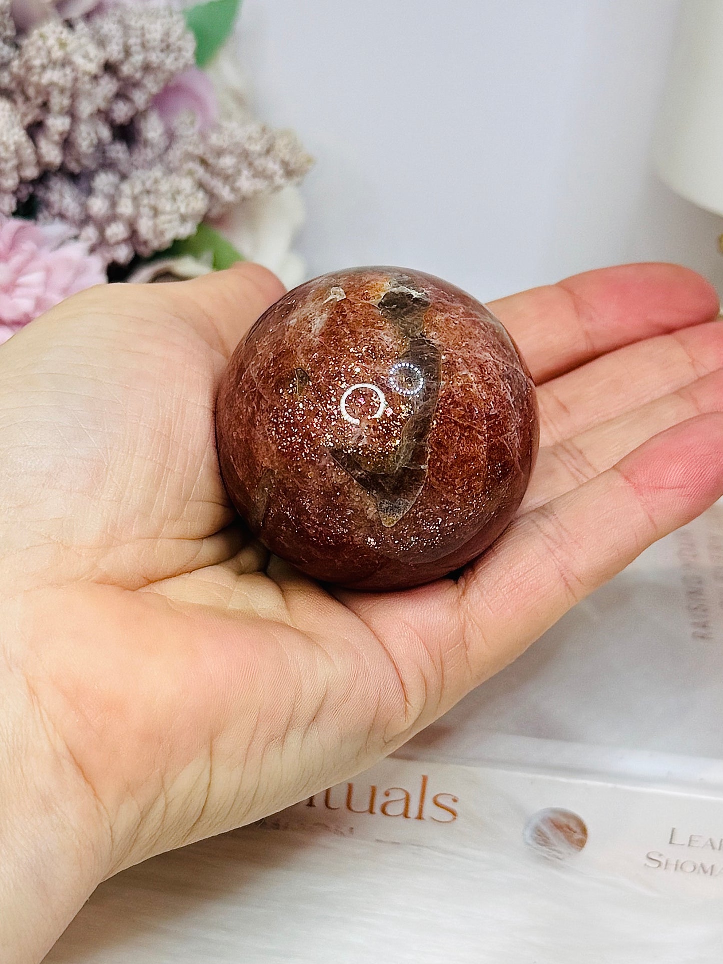High Grade Sparkling Gold Sunstone X Moonstone Sphere on Stand 161g
