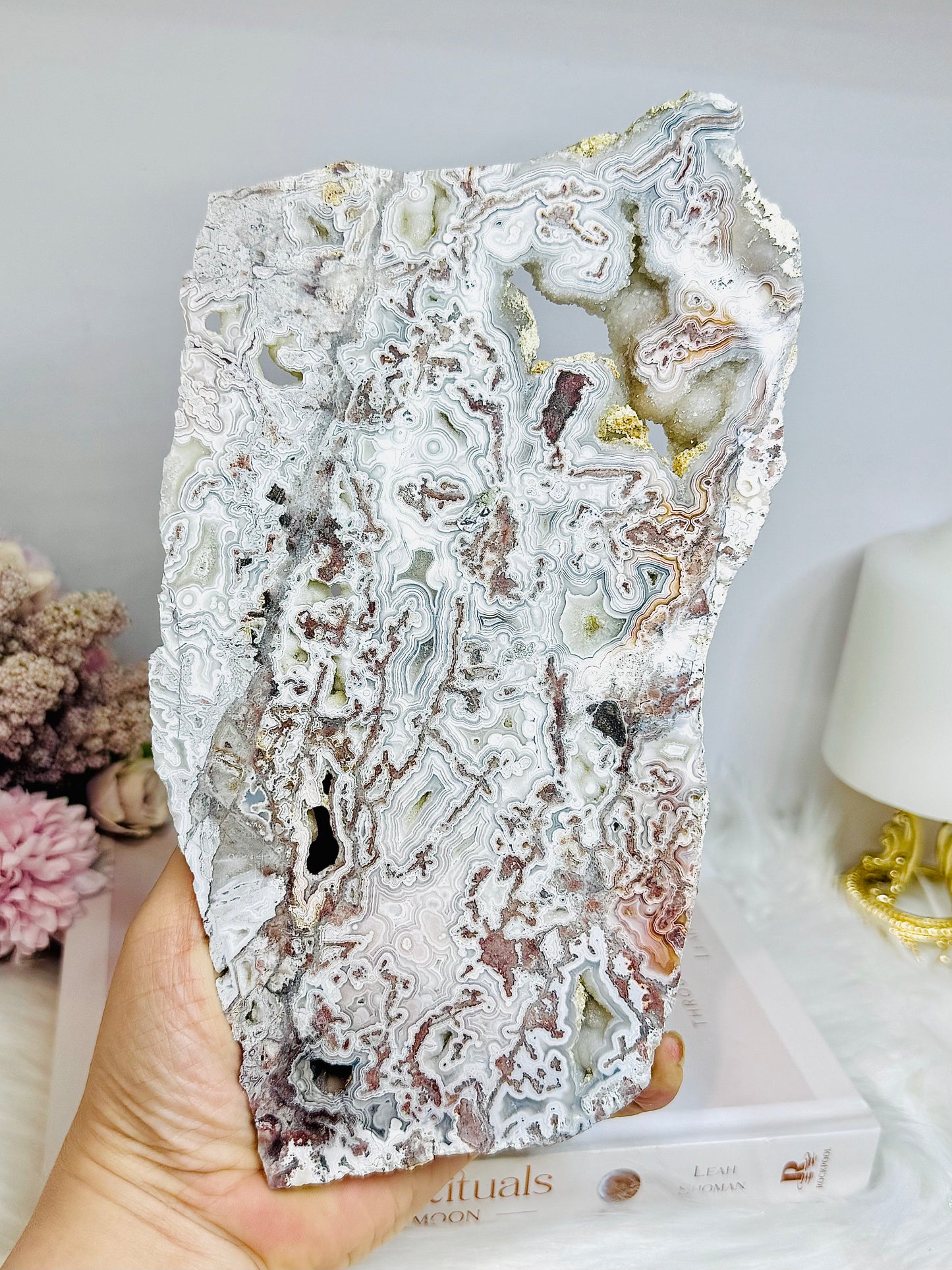 Large Natural Mexican Lace Agate Druzy Slab on Stand 22cm