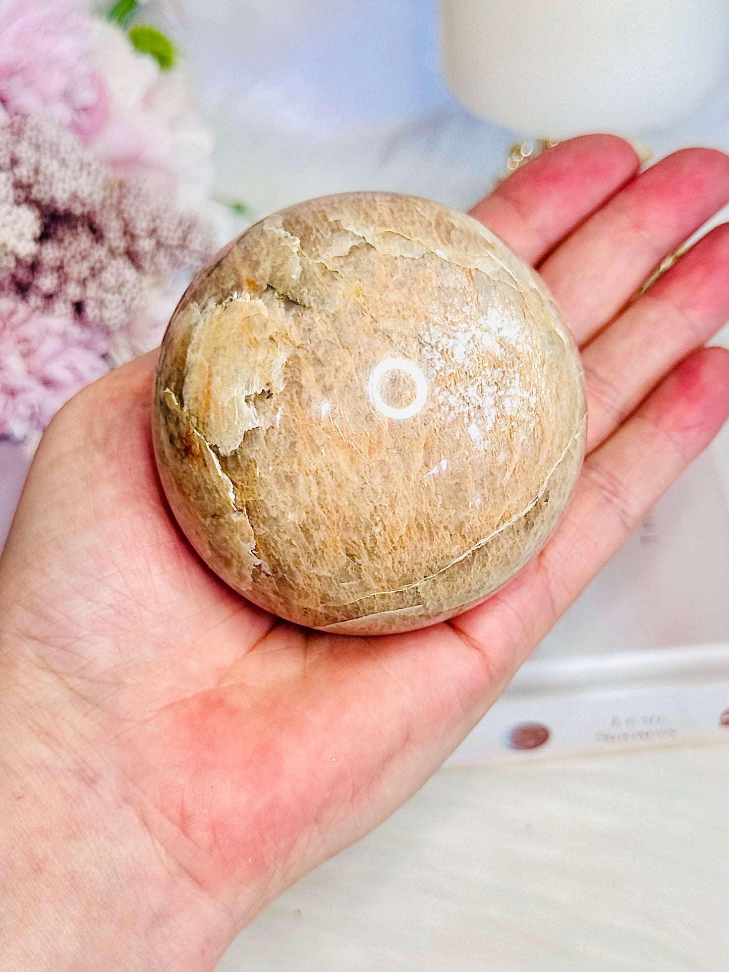 Gorgeous Large 478gram Peach Moonstone Sphere with Amazing Flash On Stand