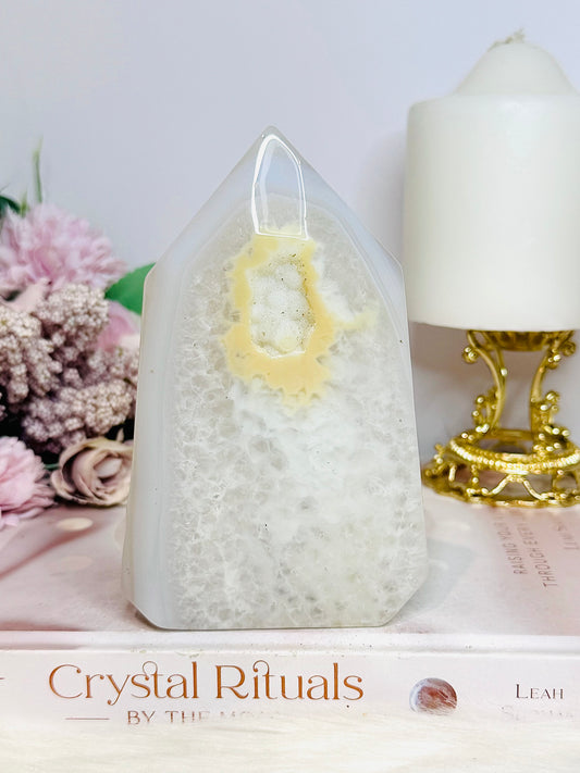 White Druzy Agate Tower From Brazil 13cm