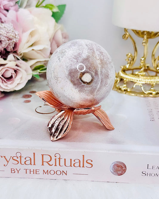 Absolutely Gorgeous Pink Amethyst Sphere On Rose Gold Flower Stand 207grams