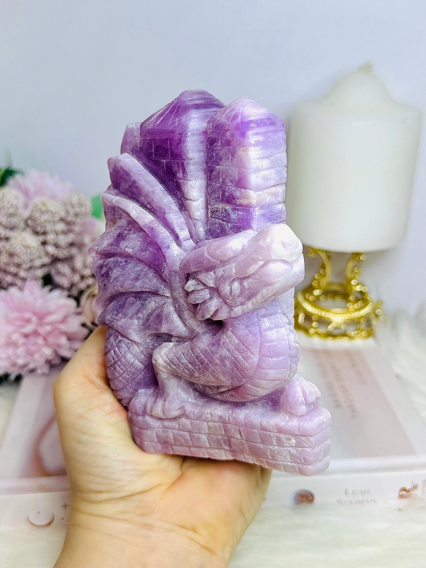 Collectors Piece ~ Large High Grade Kunzite Dragon & Castle 13cm 793g