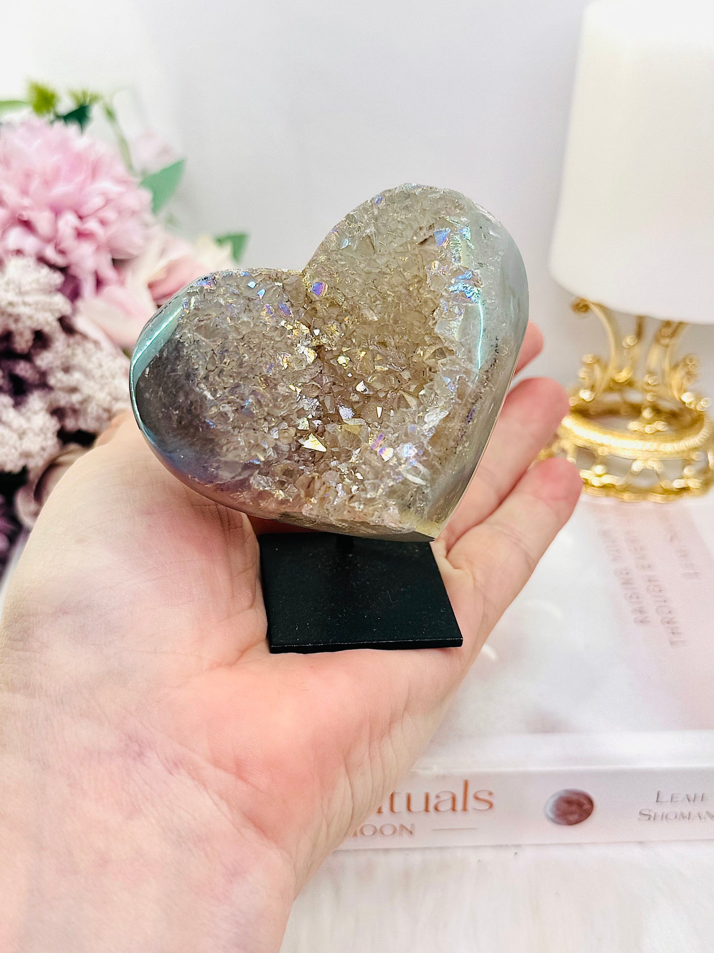 Stunning Angel Aura Druzy Agate Carved Heart on Stand 8cm