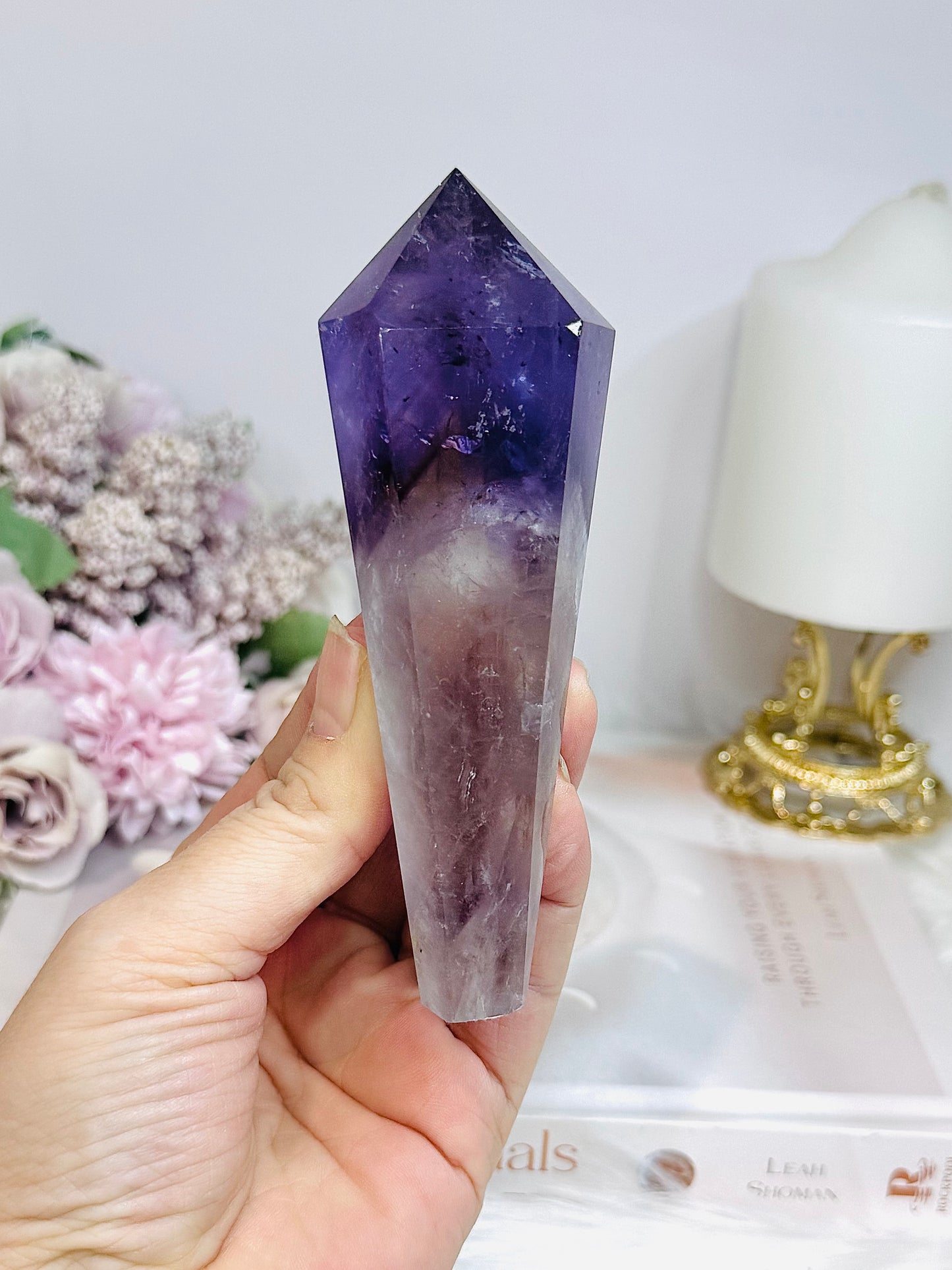 High Grade Phantom Amethyst Point | Obelisk on Gold Stand 20cm