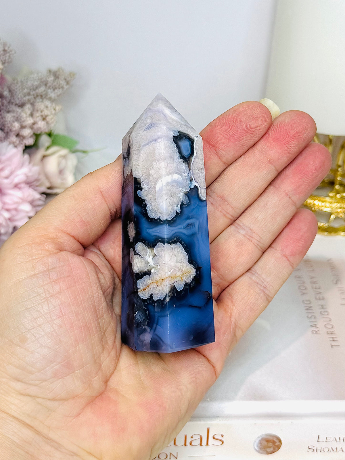 High Grade Blue Flower Agate Druzy Tower 9cm