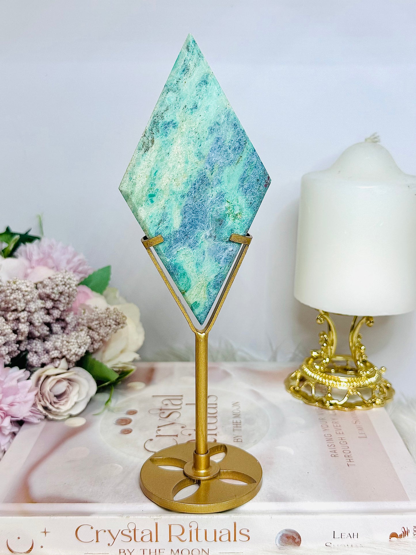 High Grad Ruby In Fuchsite Diamond (UV Reactive) on Gold Stand 20cm