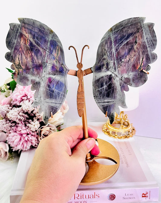 Classy & Fabulous Large 21cm Labradorite Butterfly Wings on Gold Stand with Stunning Pink & Purple Flash