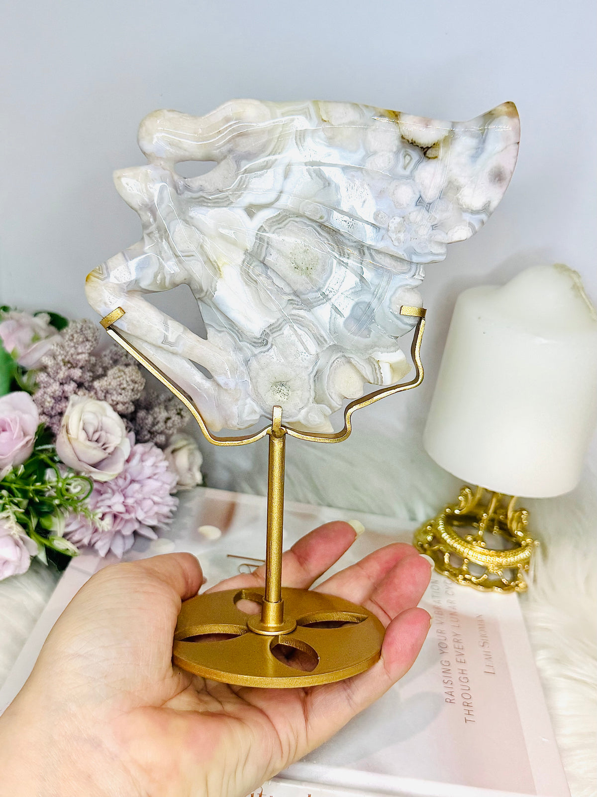 High Grade Flower Agate Fairy | Angel on Stand 19cm