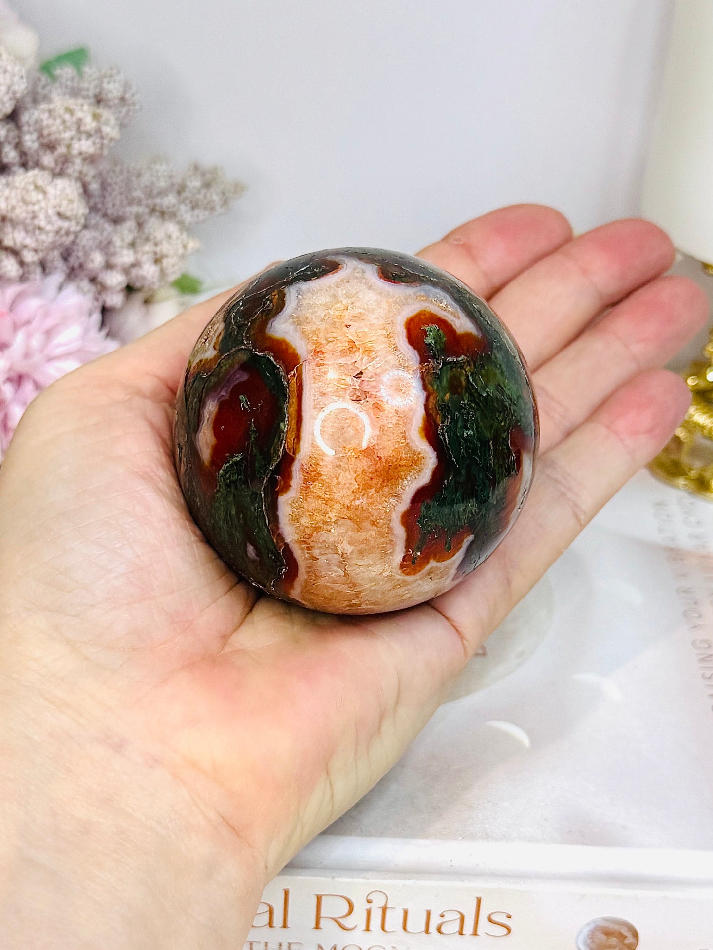 Red Moss Agate Sphere On Stand 331g