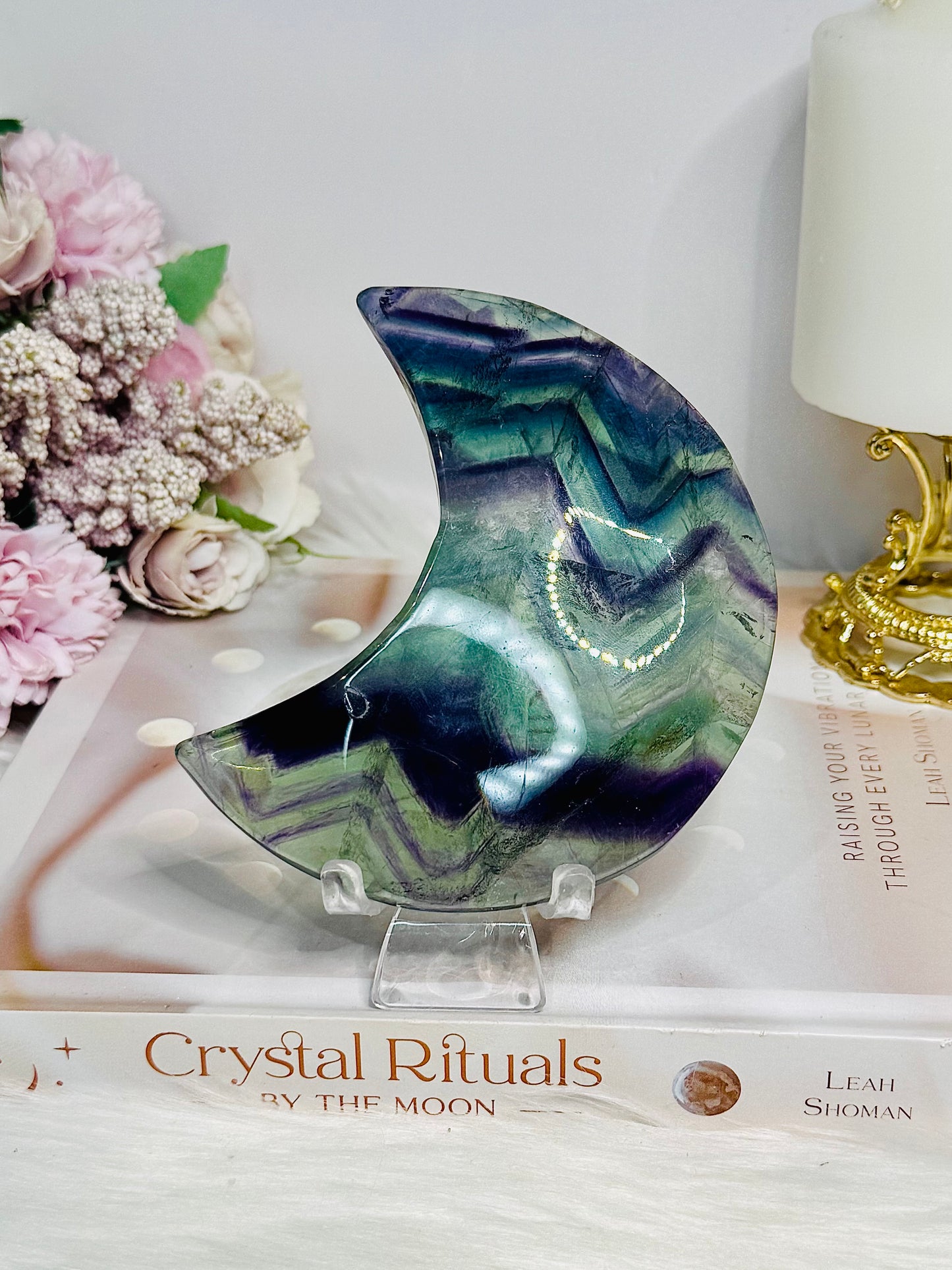 Fluorite Moon with Rainbows On Stand 11cm