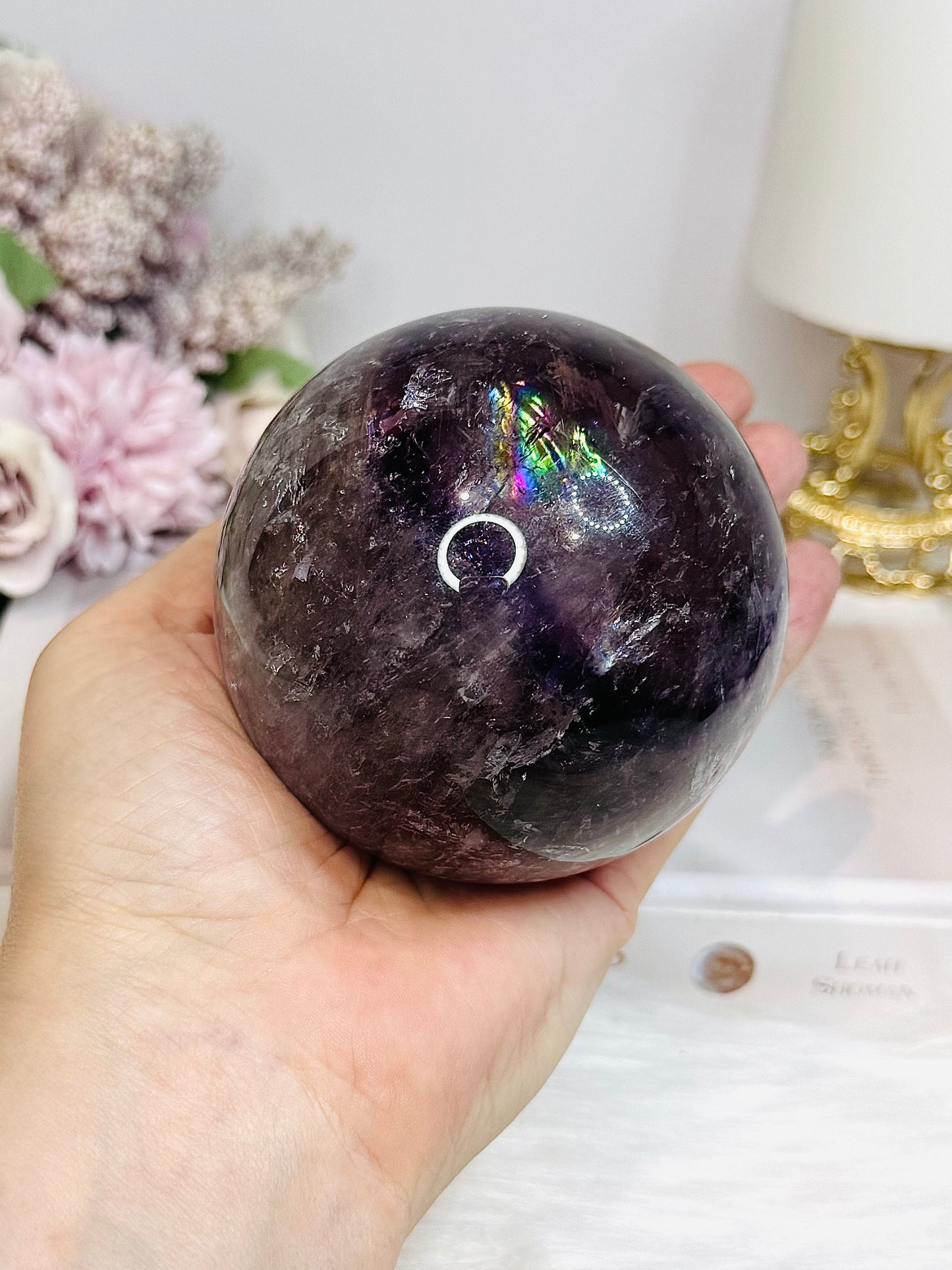 Large High Grade Phantom Amethyst Sphere with Rainbows On Stand 665g